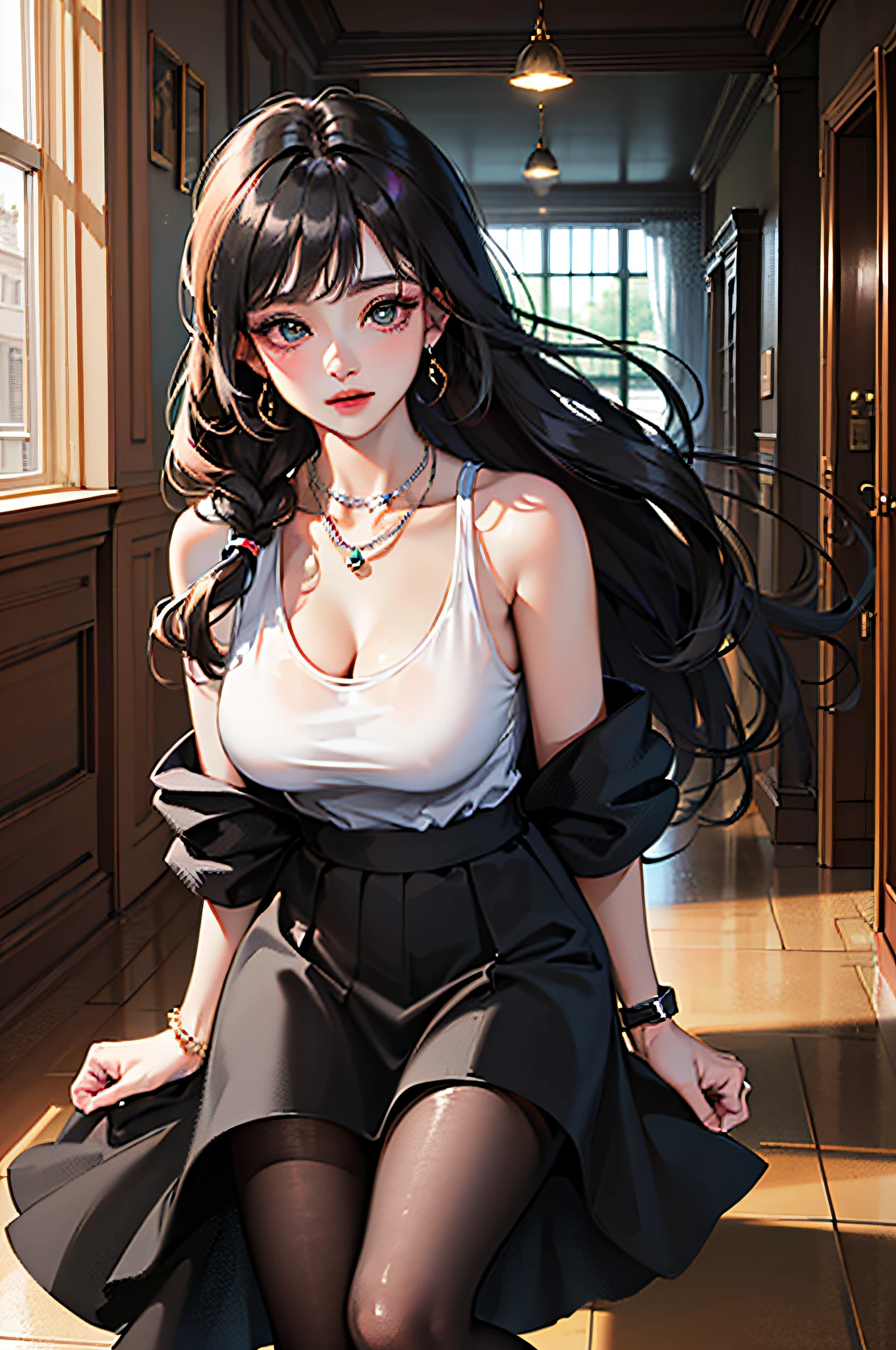 （bestbestquality，8K，A Masterpiece），(In the hotel，Capture，Sit，Sit on a stool，Look at the laptop），(A pretty maiden，with long black hair，Long messy hair，curly hair，huge eyes:1.3，Long eyelashes，Delicate makeup:1.4，Sexy lips，Blushlush)，(Exquisite watches，Reflective necklace，Bulgari's earrings，Bulgari's ring)，（Fashionable outfits，dressed in a white t shirt），（middle breasts，endure），(Black oily transparent pantyhose），（Black hip skirt），Light ripe，Royal sister，Optimal light，best shadow，Cinematic Lights，28 years old，1女孩，Need，（realskin，Supple skin）raytracing，Unreal Engine 5，Reflective skin，Digital illustration，Game CG characters，Supermodel，（kpop,idol），(Body edge lighting，Colored light sources are around)，There is wind blowing hair，Looking into the distance，