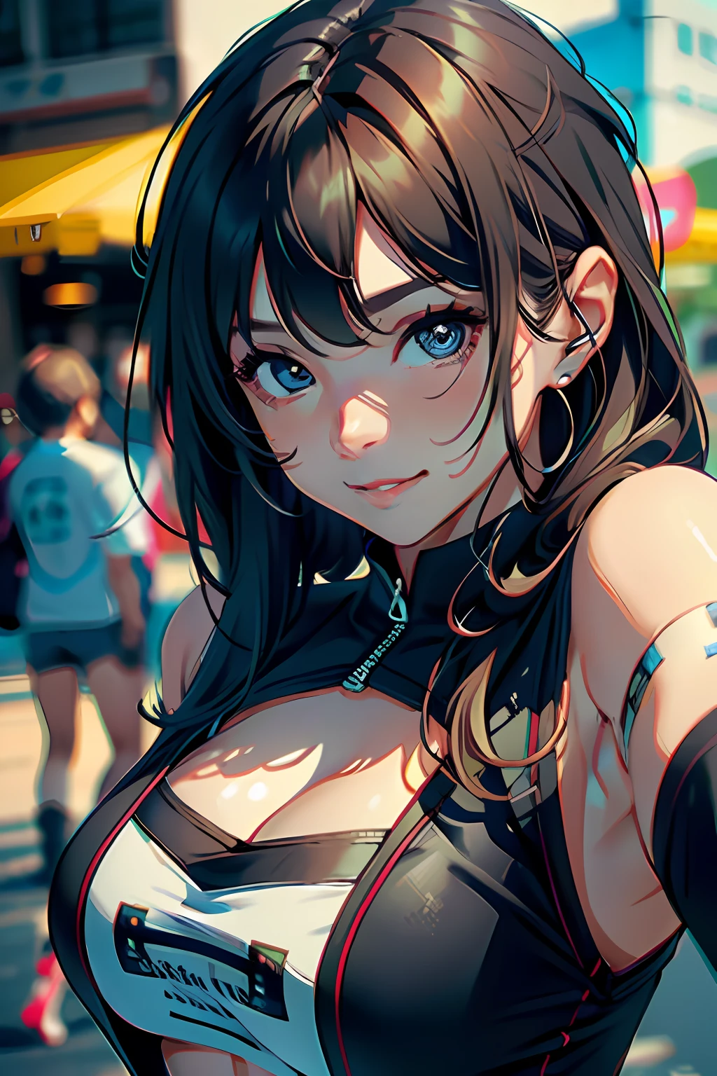 (8k, best quality, masterpiece:1.2), (realistic, photo-realistic:1.37), ultra-detailed,
A detailed portrait of Tifa Lockhart from Final Fantasy VII Remake sitting at a detailed cafe in the cityscape on a date, looking cute and solo with beautiful detailed eyes and a nose blush. She wears a single elbow pad, ankle boots, a black skirt, black thigh-highs, and red boots, along with elbow gloves, elbow pads, and fingerless gloves. Her outfit includes a sports bra, suspender skirt, thigh-highs, and a white tank top. Her full body is visible with her head resting on her hand, showcasing her pretty face, low-tied long hair, and lips. The scene is illuminated with professional lighting, photon mapping, and radiosity, with Tetsuya Nomura Style and a cyber-futuristic feel. The background features yellow flowers and a bokeh effect. Tifa has a small smile and closed mouth.