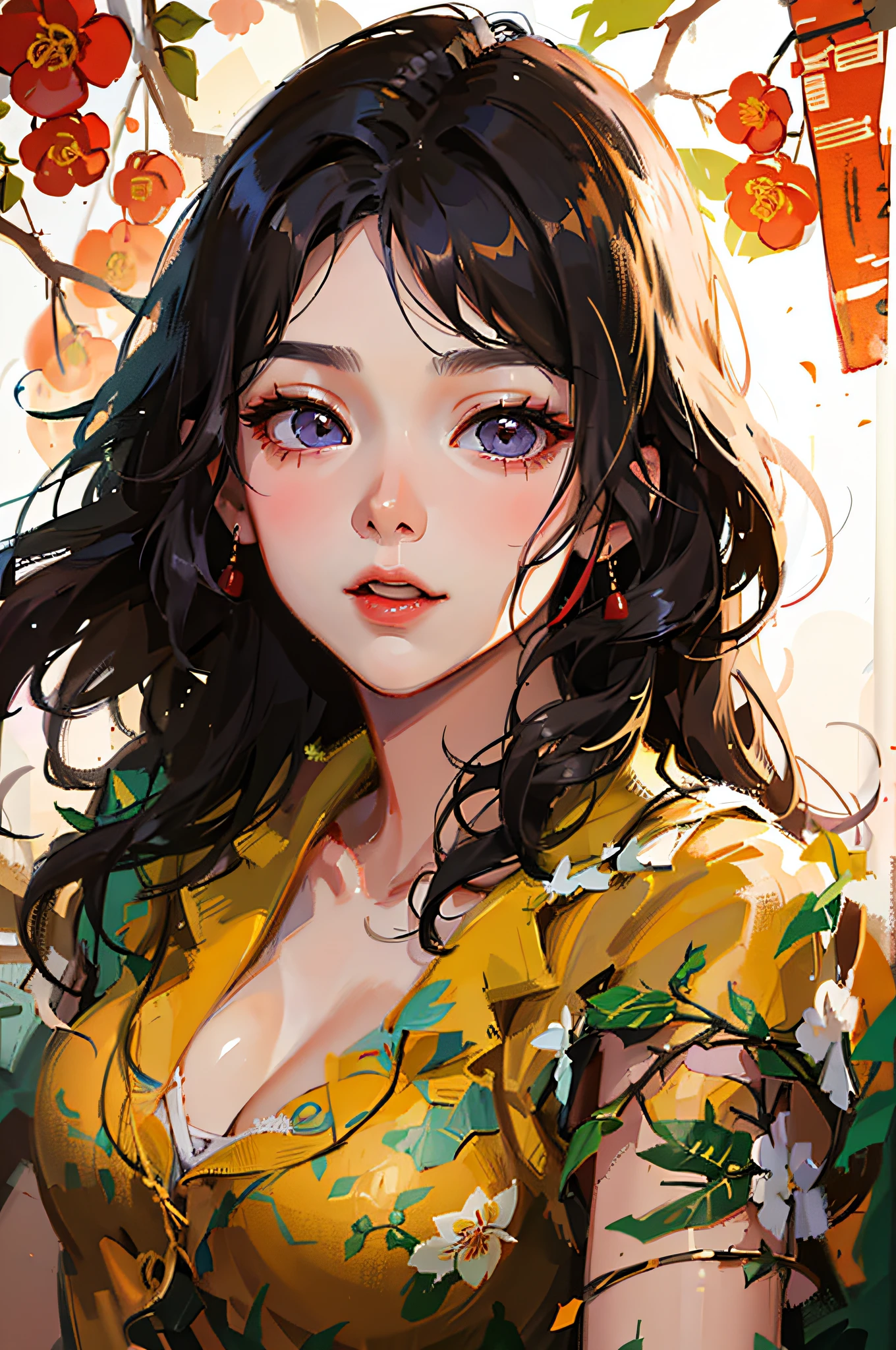 Close up of a woman with long hair in a floral dress, mai anh tran, a young asian woman, xintong chen, louise zhang, 27 years old, wenfei ye, xision wu, an asian woman, 28 years old, chinese girl, Young cute Asian face, 29 years old, Chiho,