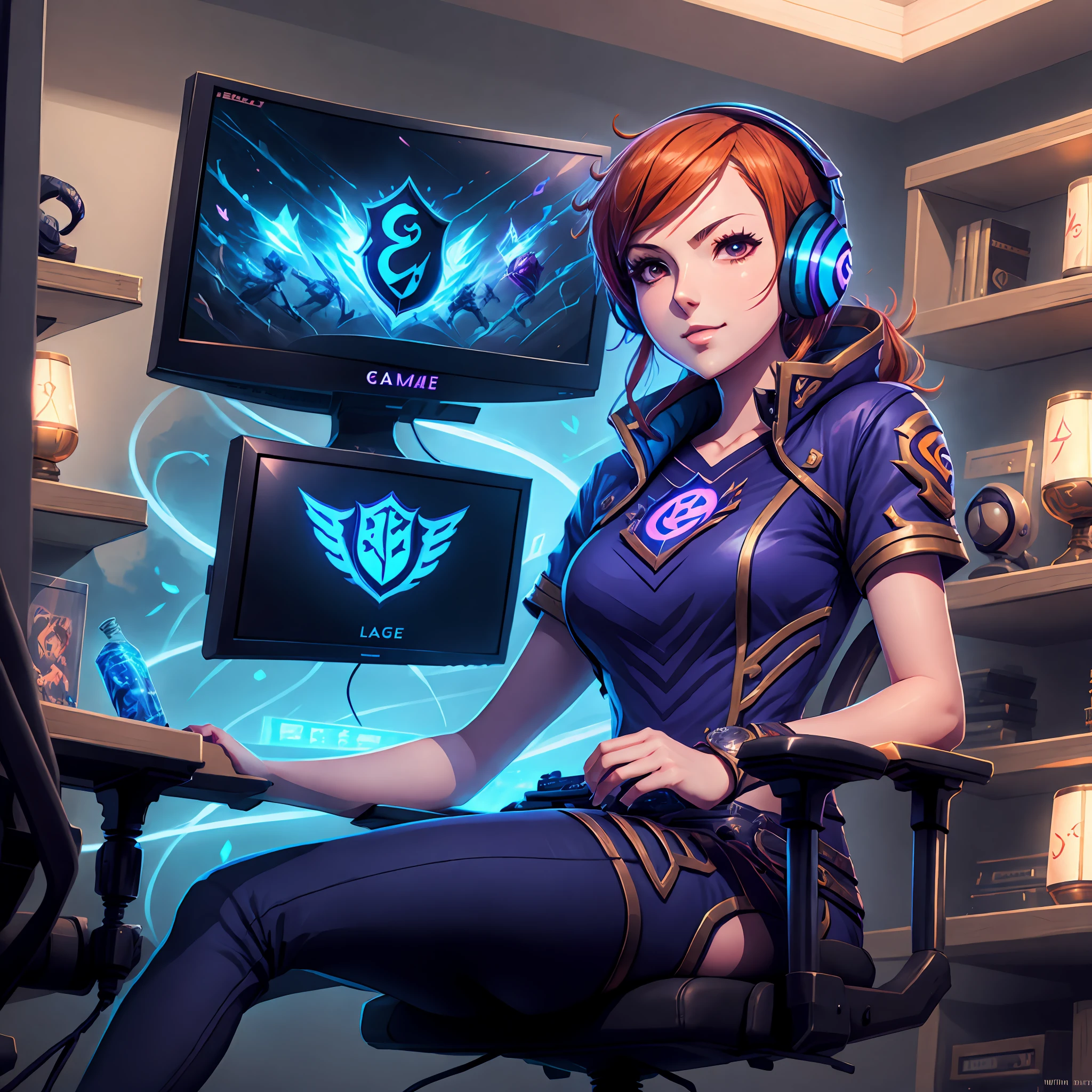 Um personagem feminina estilo anime, 4k masterpiece scenario fourth gamer playing league of league sitting in a gamer chair