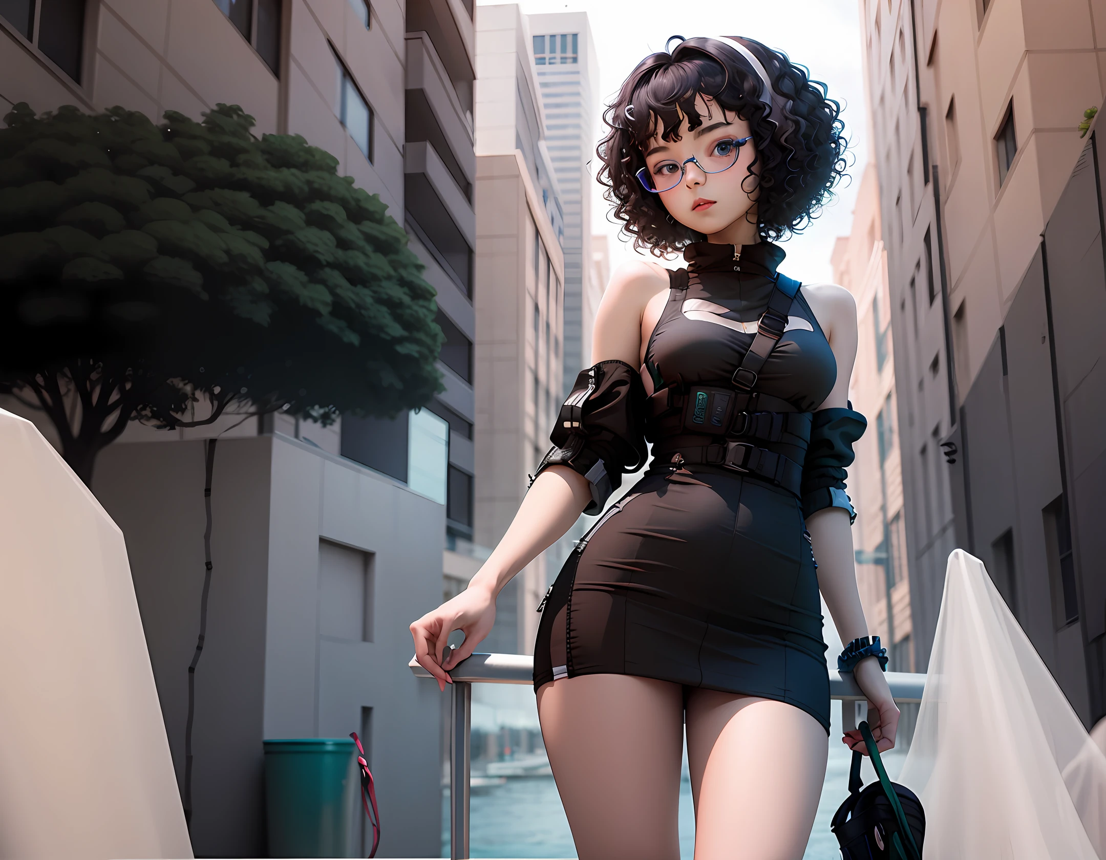 Short 18 year old girl, short black curly hair, petite, short black dress, transparent dress, glasses
