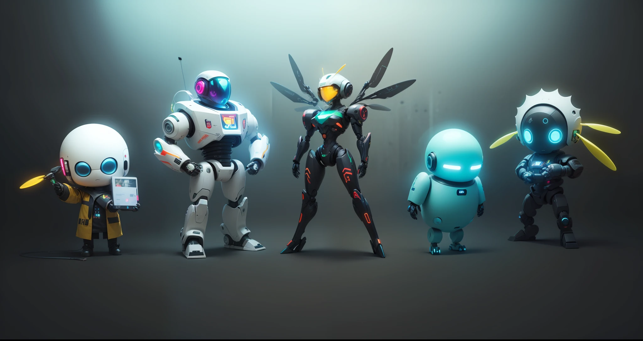 estilo cyberpunk, robos, drones, cute. --auto