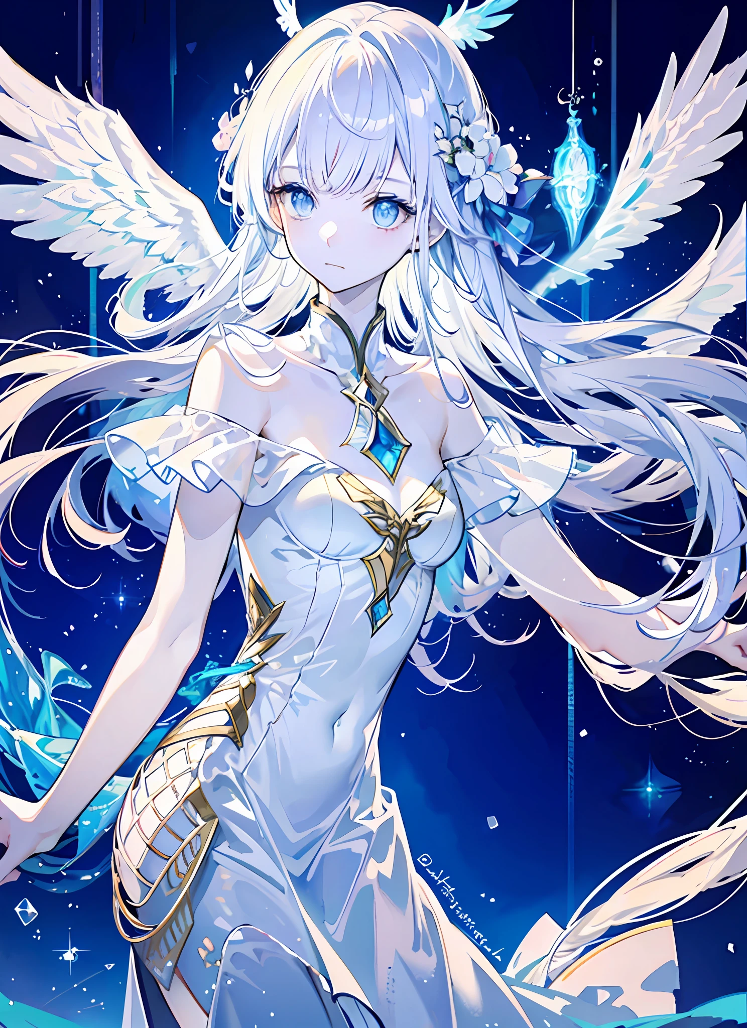 An angel is depicted with a pale and luminous complexion, their skin seemingly glowing with an otherworldly radiance. They are adorned with a pair of sparkling and graceful wings, symbolizing their divine nature. The scene is ethereal and enchanting, capturing the beauty and mystery of these celestial beings. angel, pale, luminous, complexion, glowing, otherworldly, radiance, sparkling, graceful, wings, divine, ethereal, enchanting, beauty, mystery.upper body,