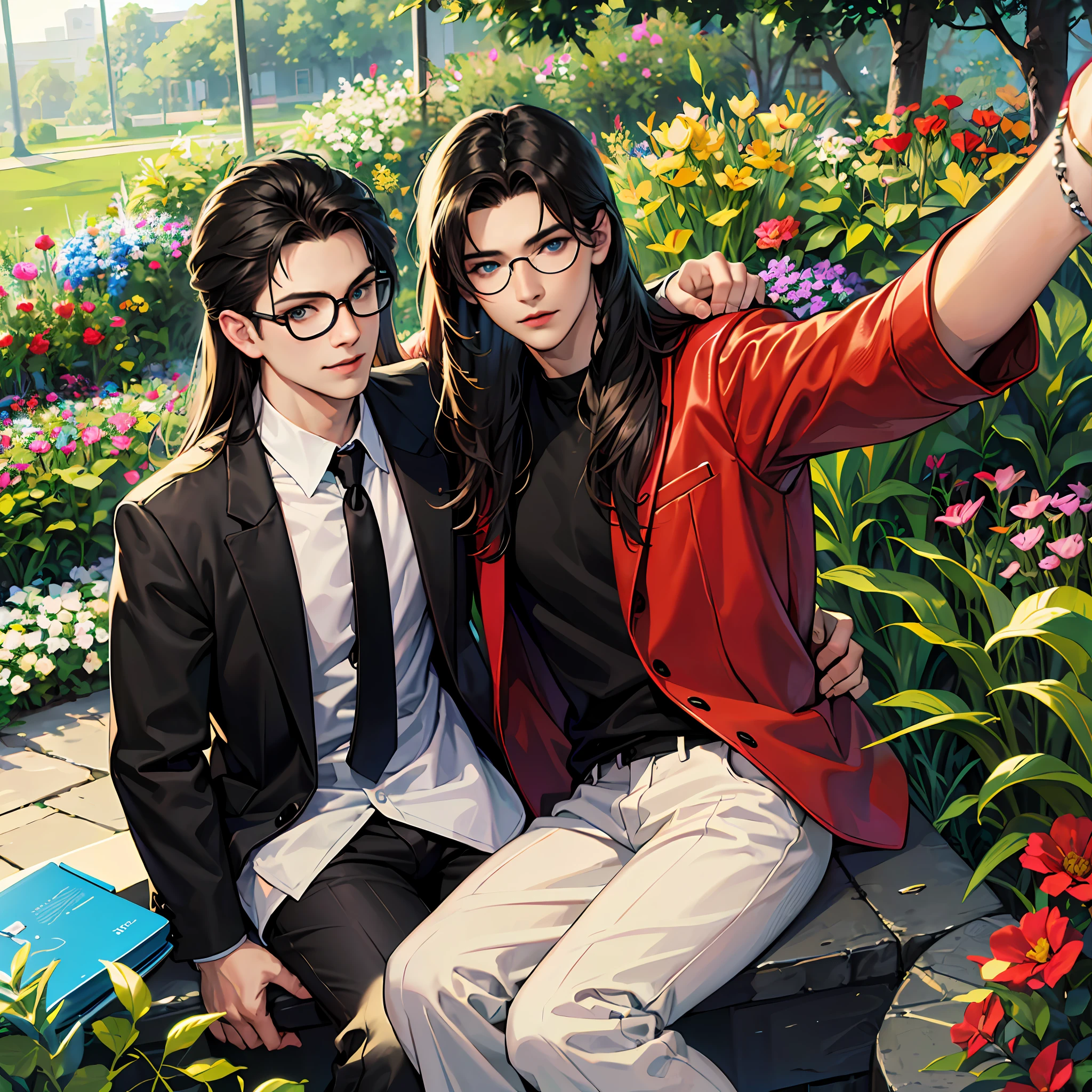 (absurdres, highres, ultra detailed, HDR), masterpiece, best quality, anime boy with black hair, blue eyes and glasses, 1 boy, smile, sunshine, garden, handsome, long hair, villa, looking at viewer, detailed face, ( red suit ), ( black shirt ), cool boy, cold male, 8K, Best Quality, Masterpiece, Ultra High Resolution, (Realism: 1.4), Original Photo, (Realistic Skin Texture: 1.3), (Film Grain: 1.3), (Selfie Angle) --auto