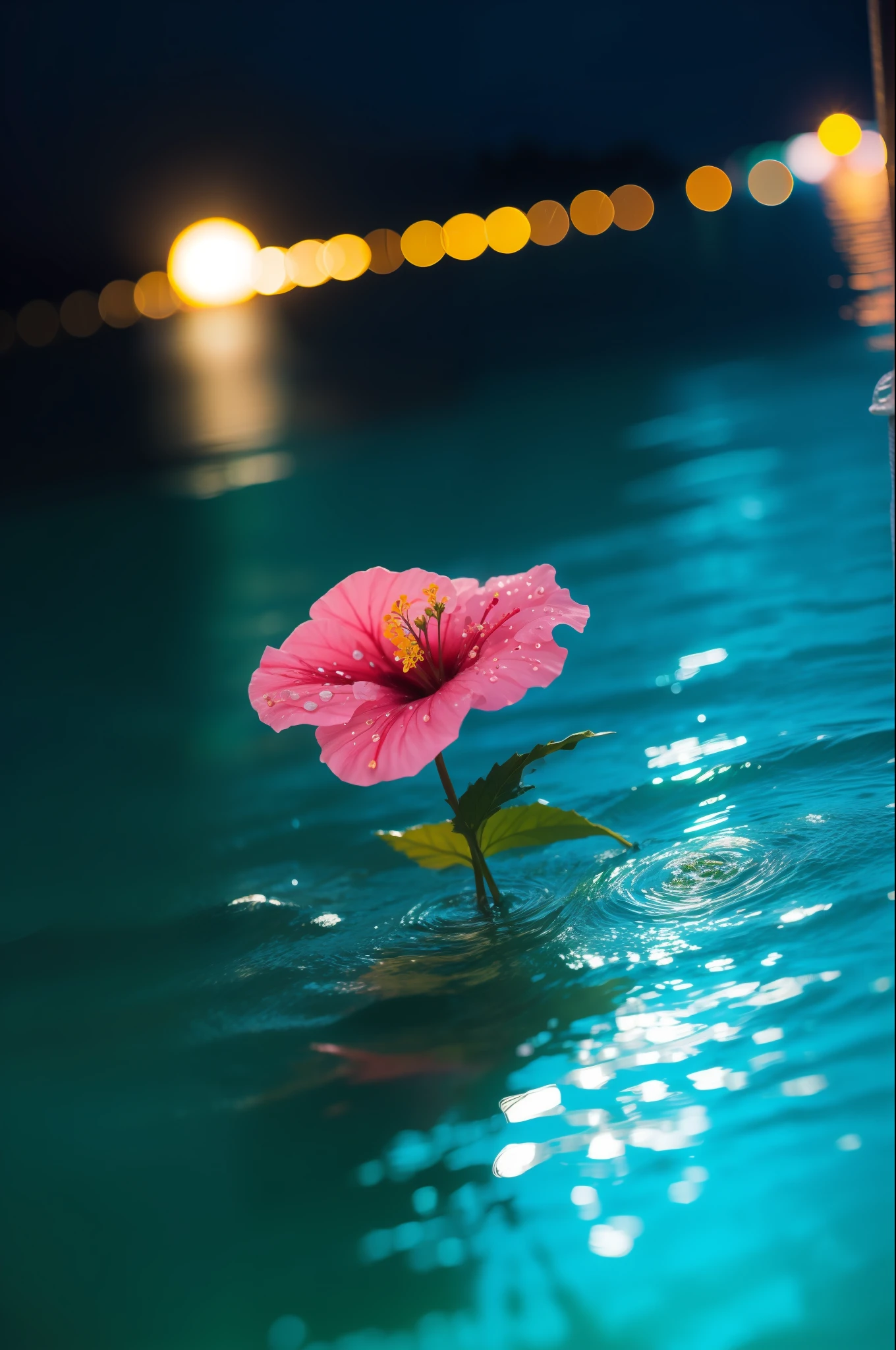 hibiscus Moon with water drops,neon glow, random background, sun rise, bokha mood