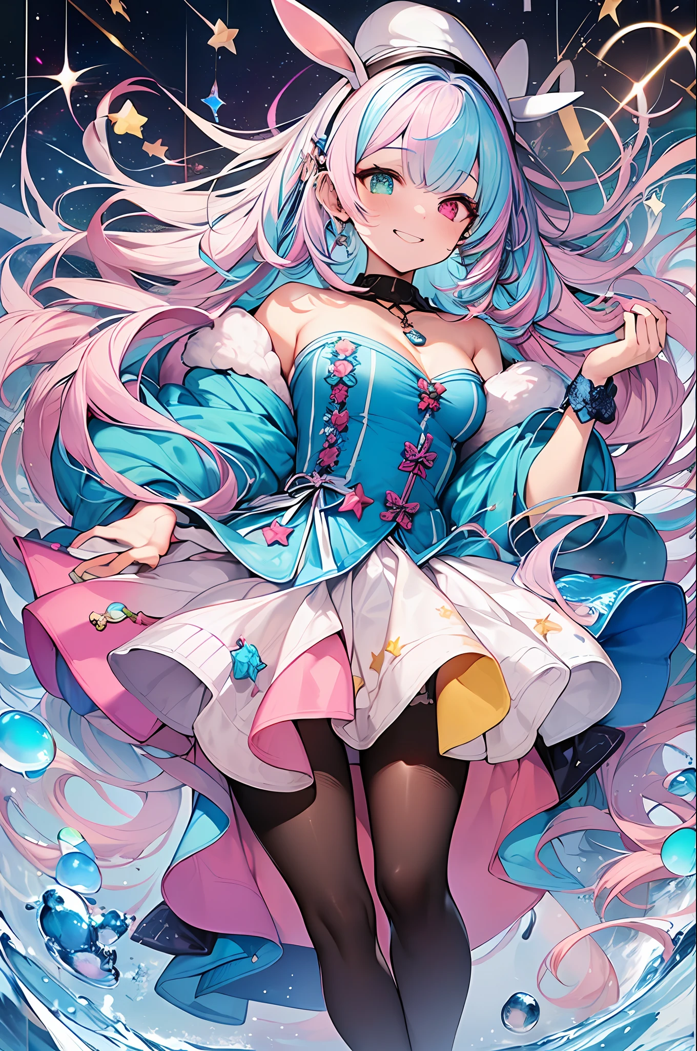 (Masterpiece, the highest quality, best qualit, Watercolor Art (Pendant), official art, beautiful and aesthetic, (1.3), (1 girl: 1.3), (fractal art: 1.3), Full Body, Star-shaped Pupil, , Pattern, ((iridescent hair, multicolored hair, half blue and half pink hair: 1.2)), Aqua, Liquid, Cloud, COLORFUL, Starry Night, Star, smile, Writing, Heterochromia, (COLORFUL: 1.5), galaxy, looking up at the stars, ((dressed as a bunny girl)), fishnet stockings, theme from Alice in Wonderland, magic