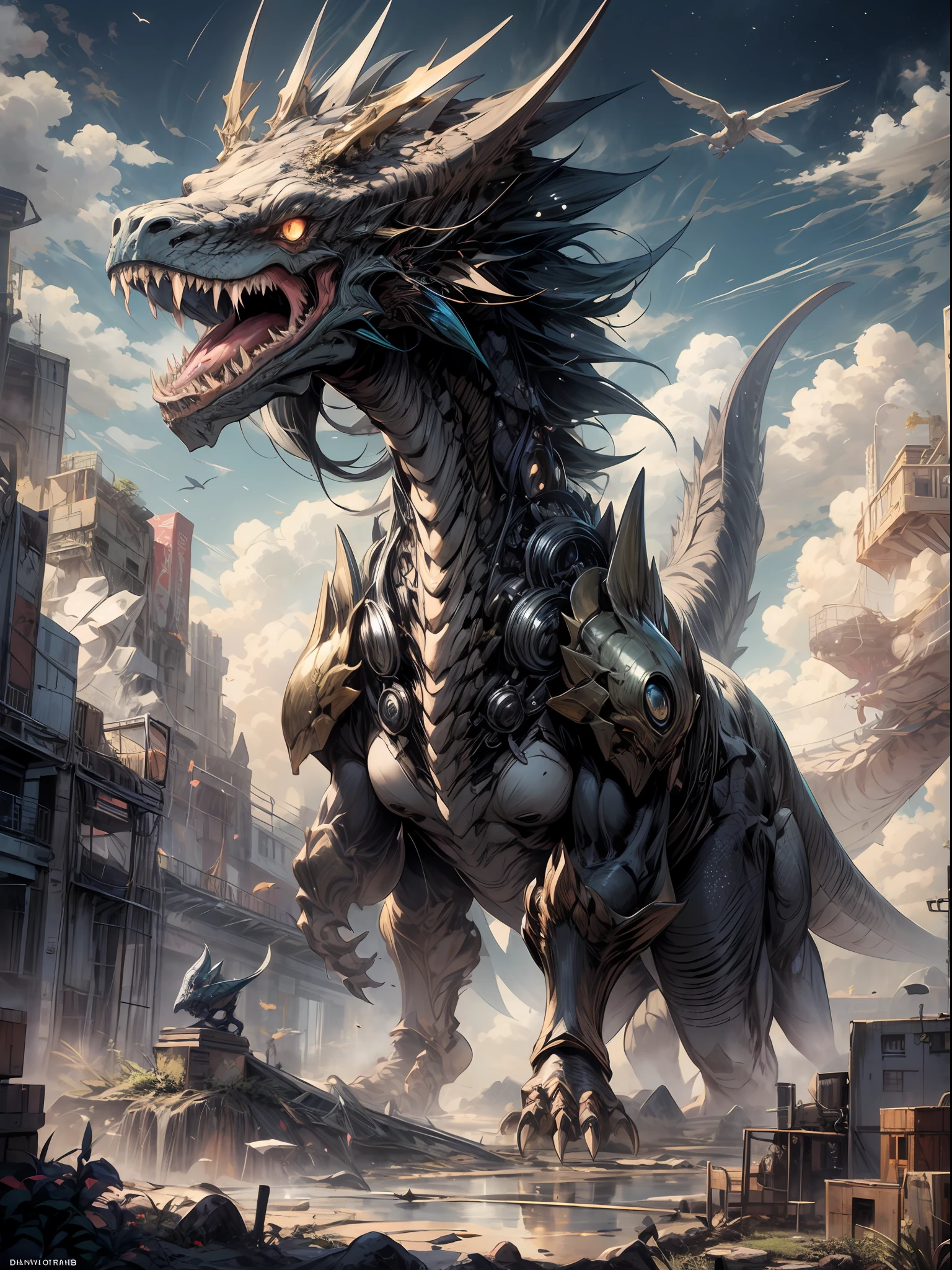 ((best quality)), ((masterpiece)), (detailed), giant mecha, horror beauty, perched on a cloud, (fantasy illustration:1.3), enchanting gaze, otherworldly charm, mystical sky, (Luis Royo:1.2), (Yoshitaka Amano:1.1), moonlit night, soft colors, (detailed cloudscape:1.3), (high-resolution:1.2),trex,rex,t-rex,dinosaurus,karnivora,intricate background,huge rex,messy area