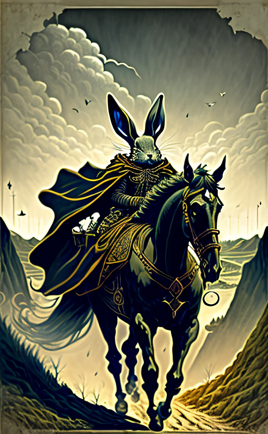 Death
"A rabbit in a dark cloak, representing Death, riding a spectral horse. A bleak and ghostly landscape stretches out behind him."