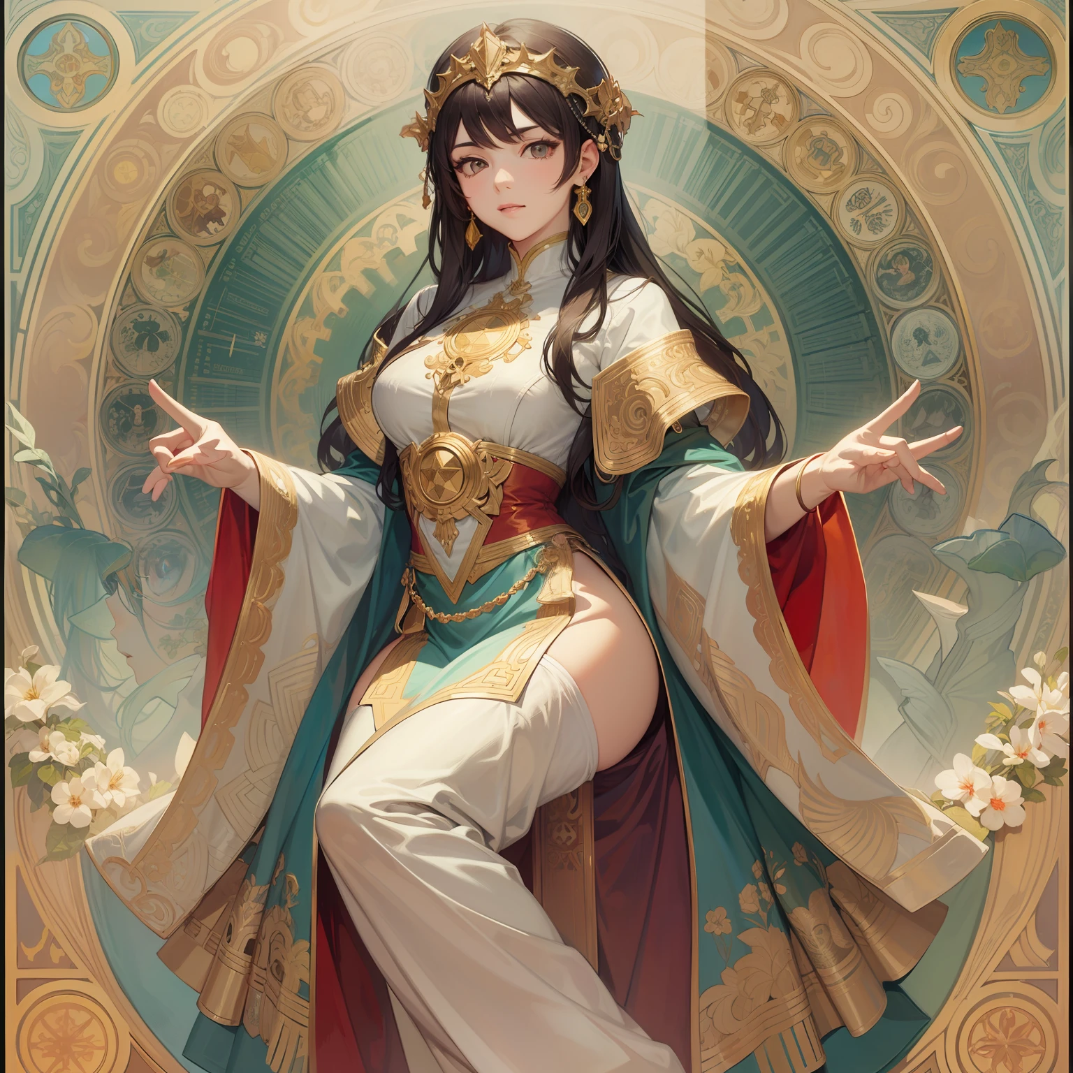 Full body portrait of a female character in CCDHT artstyle by Alphonse Mucha