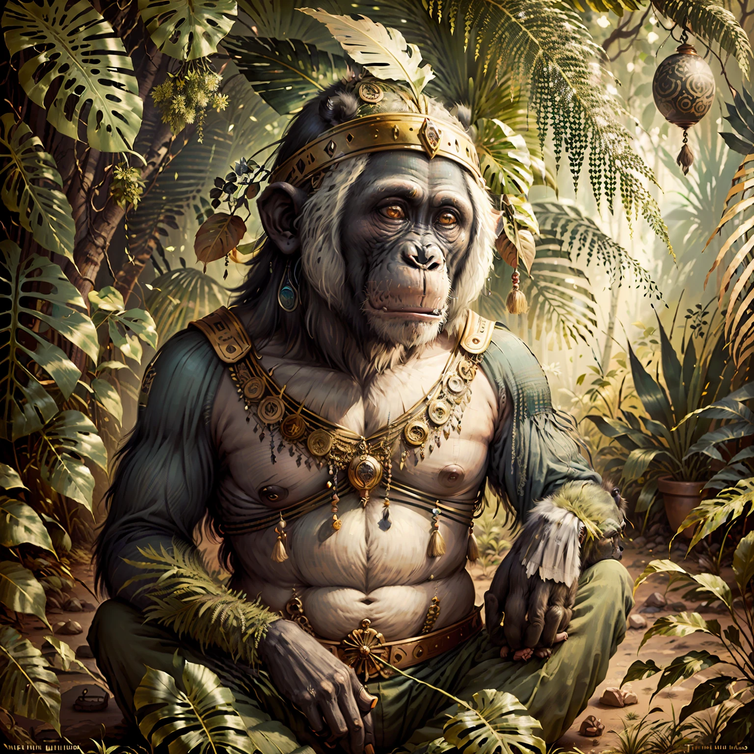 Chimpanzee with indigenous headdress on head, ((meditating)) colorful feathers, facing the camera, looking at the camera, detail: sitting in the middle of dense tropical foliage, highly detailed intricate, ((masterpiece)), ultra hyperrealistic, masterpiece,,((by Tim Hildebrandt))