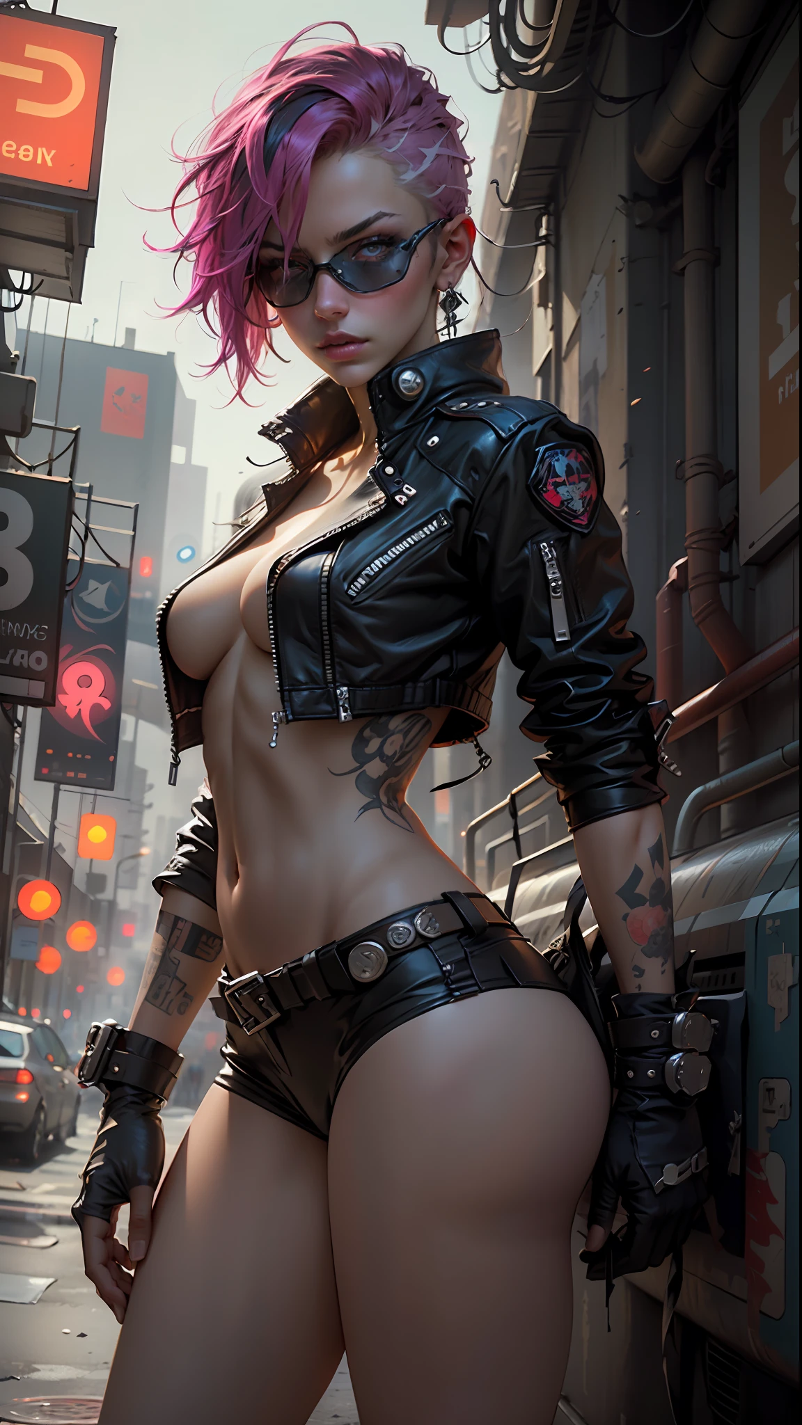 Beautiful woman, vigilante, dyed hair, sexy leather clothes, long breasts, cyberpunk style, realistic detailed, close, portrait, bad ass, punk, rebel