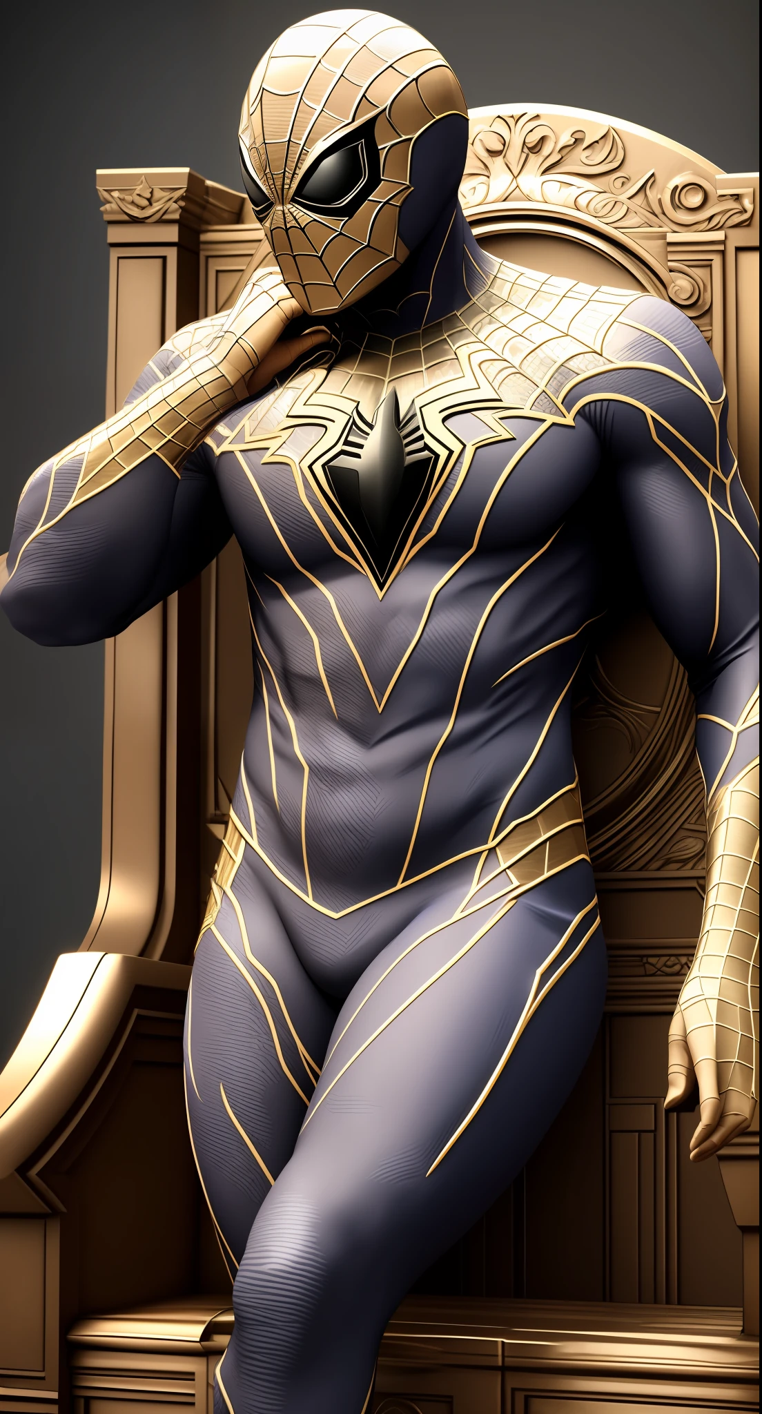 O Homem-Aranha, vestido como um rei com uma coroa imponente, sentado em um trono de ouro ricamente detalhado em branco, in a super realistic 3D representation. --auto