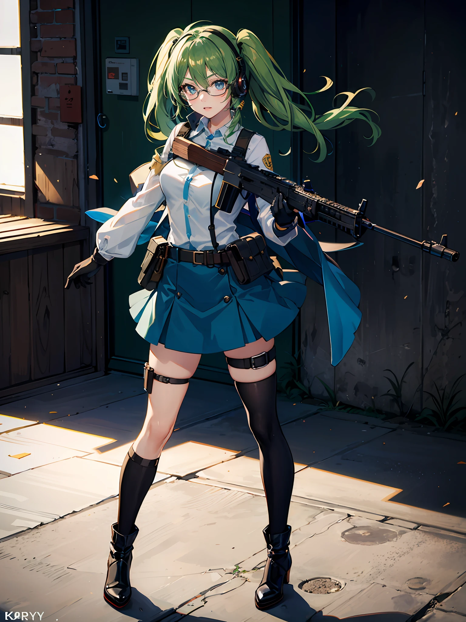 ((best quality)), ((masterpiece)), ((high res)), 1girl, assault rifle, blue eyes, full body, gloves, green hair, gun, headset, using and aiming gun, holding weapon, holster, kochiy sanae, ak-47, rifle, solo, suppressor, thigh holster, thigh strap, trigger discipline, weapon, glasses, twintails, medium hair, combat uniform, boots