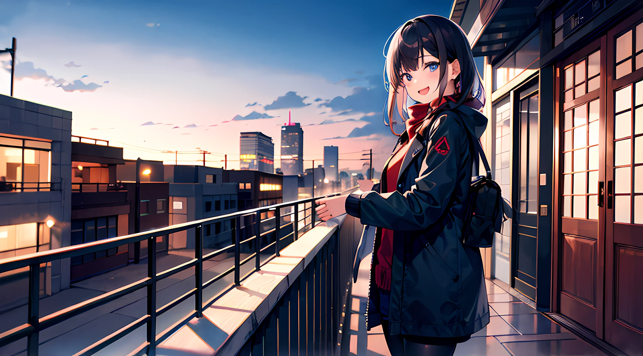 (morning), 1girl, 独奏, 看着观众, winter, cowboy shot, (downtown), cowboy shot, smile, black hair