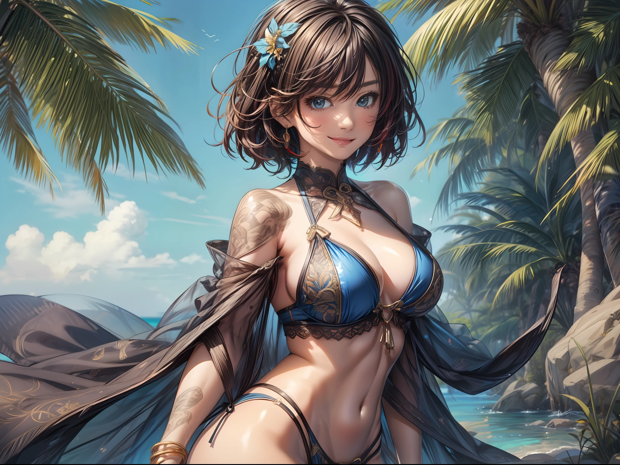 (A Masterpiece)、ultra- detailed、8k、((Character Sheet:1.4))Or reference sketch of a beautiful gal girl in a colorful bikini、She has short hair and、Dark hair、The inner color of the hair is colorful、Ultra-realistic and sharp details、Intricate and intricate details、style、Smiling sexy pose with summer beach background Illustration
