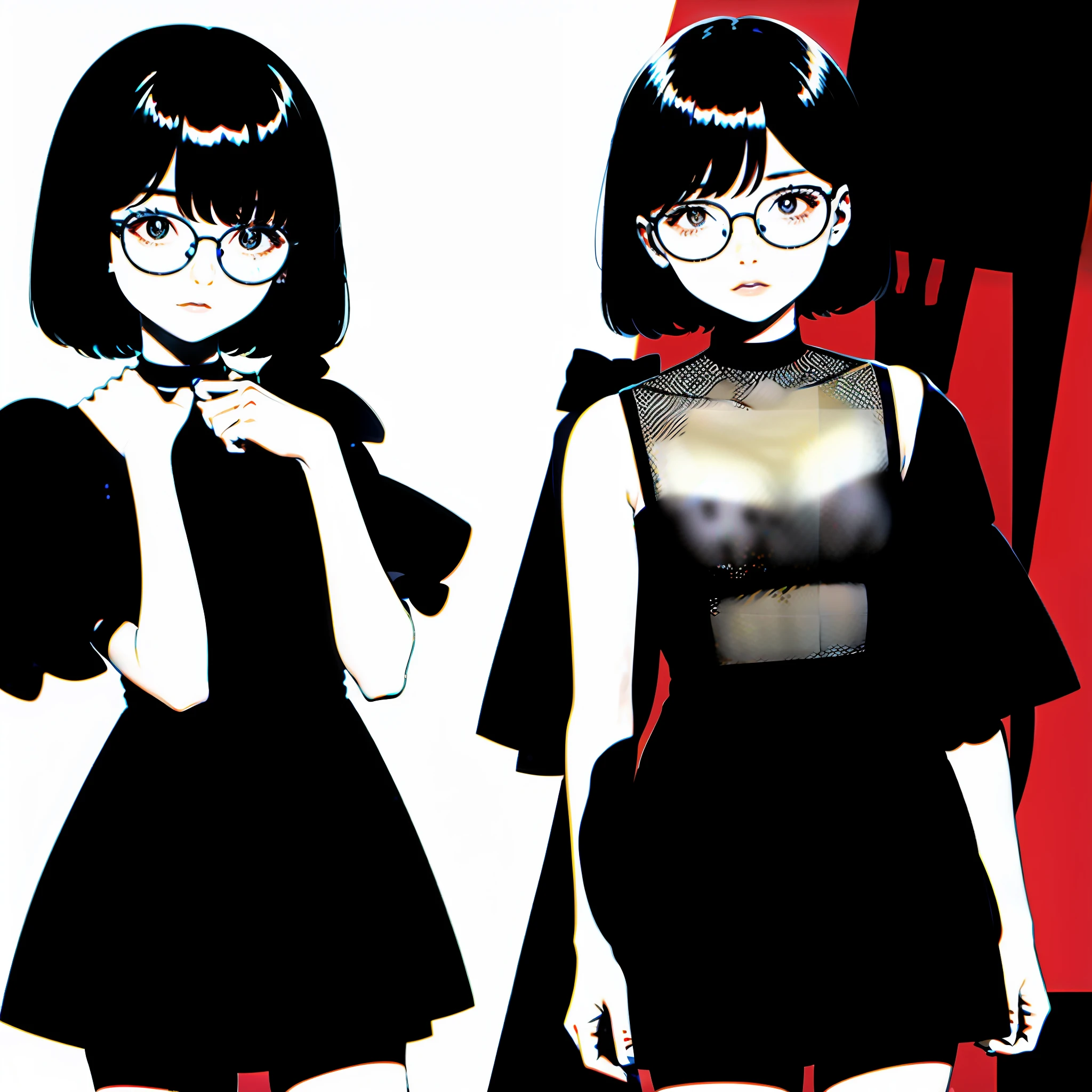 Short 18 year old girl, short black hair, petite, short black dress, transparent dress, glasses
