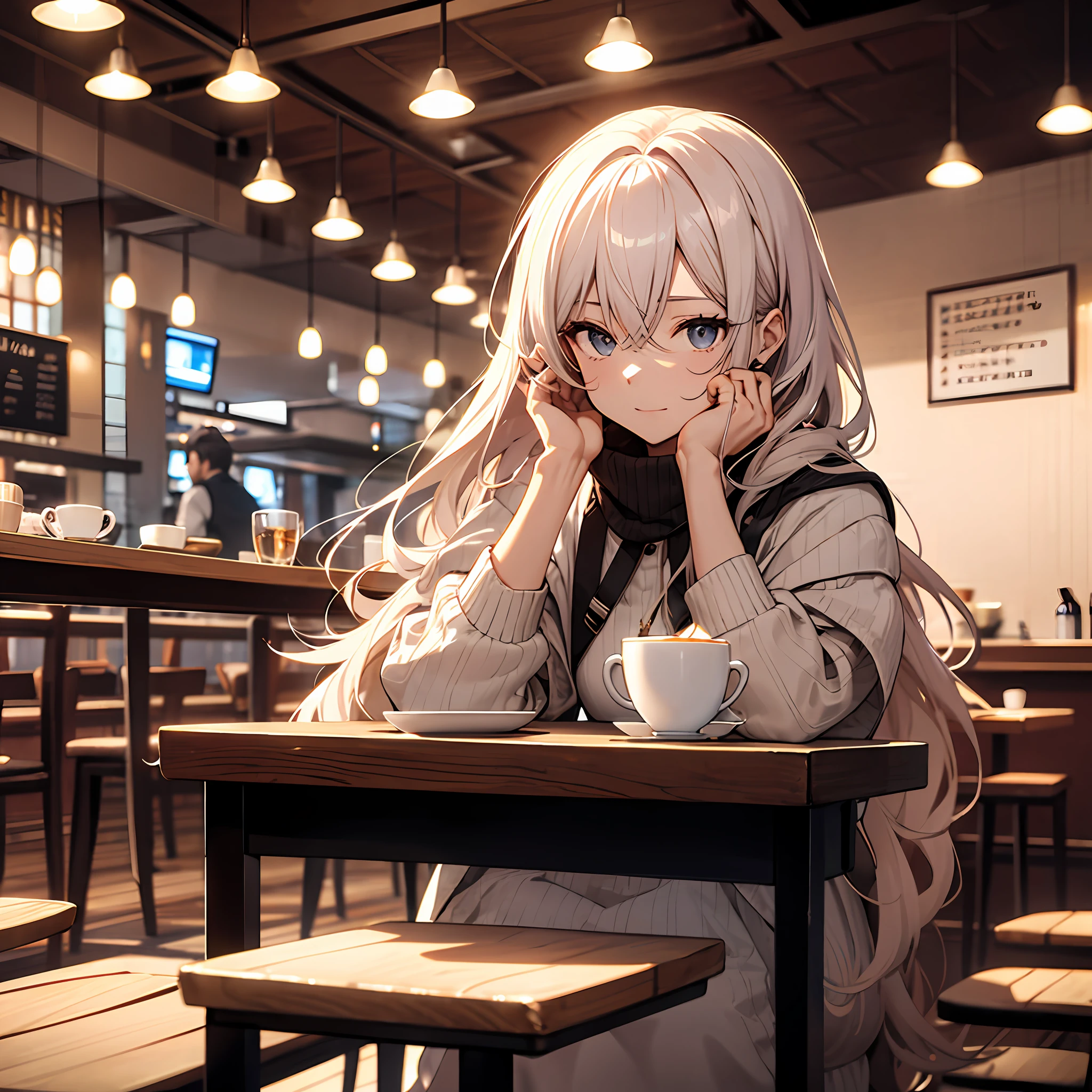 an girl, sitting in a restaurant, holding a coffee in a restaurant, open eyes, light particles, strong wind