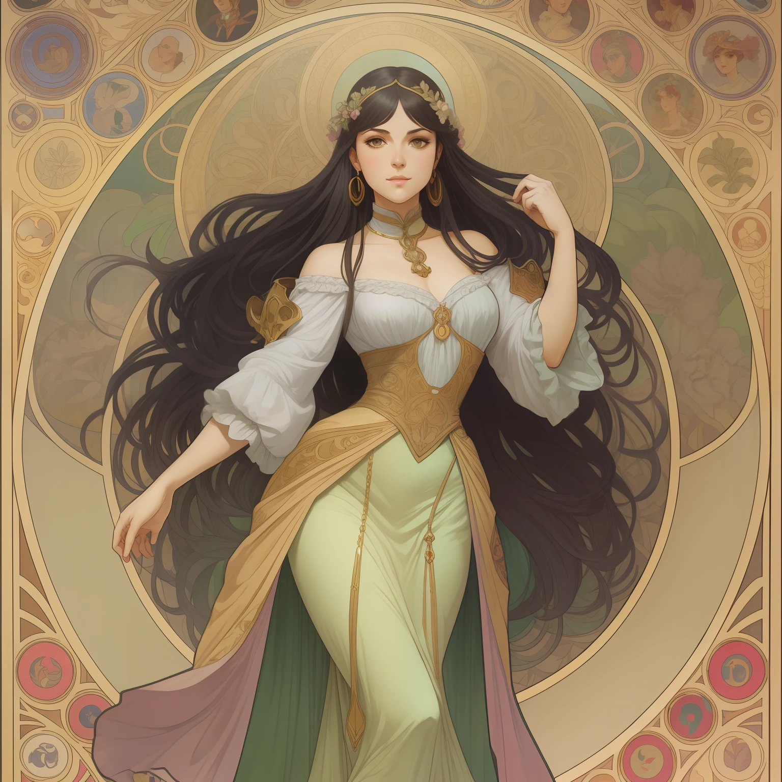 Full body portrait of a female character in CCDHT artstyle by Alphonse Mucha