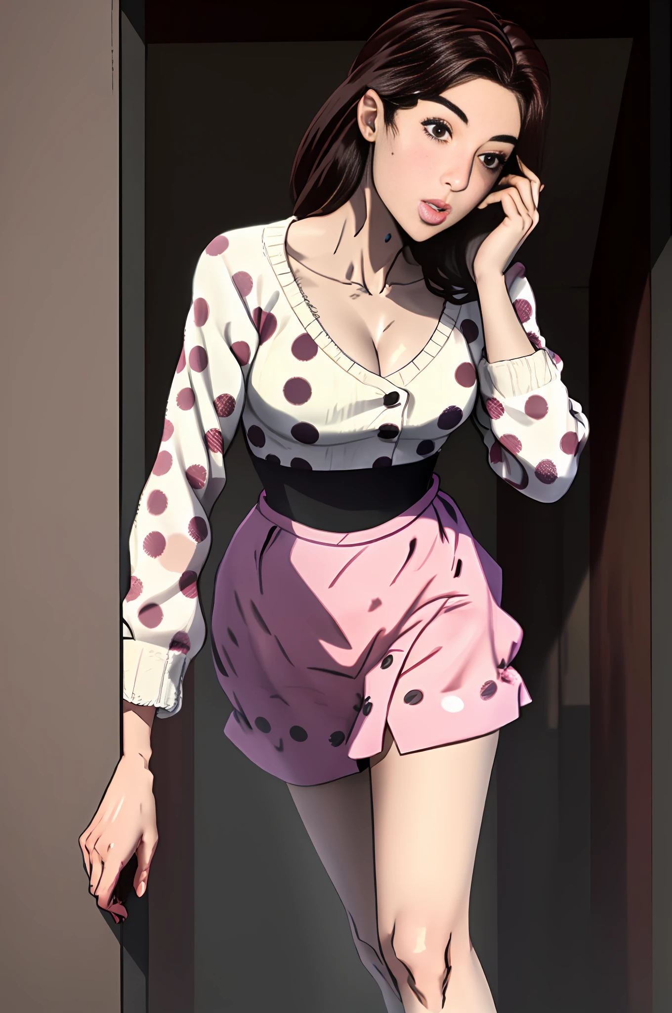 a woman of apparently medium height and slender build, com cabelos ruivos separados para a direita e amarrados em um rabo de cavalo baixo com franja, wearing a white sweater with a plunging neckline and a polka dot print skirt