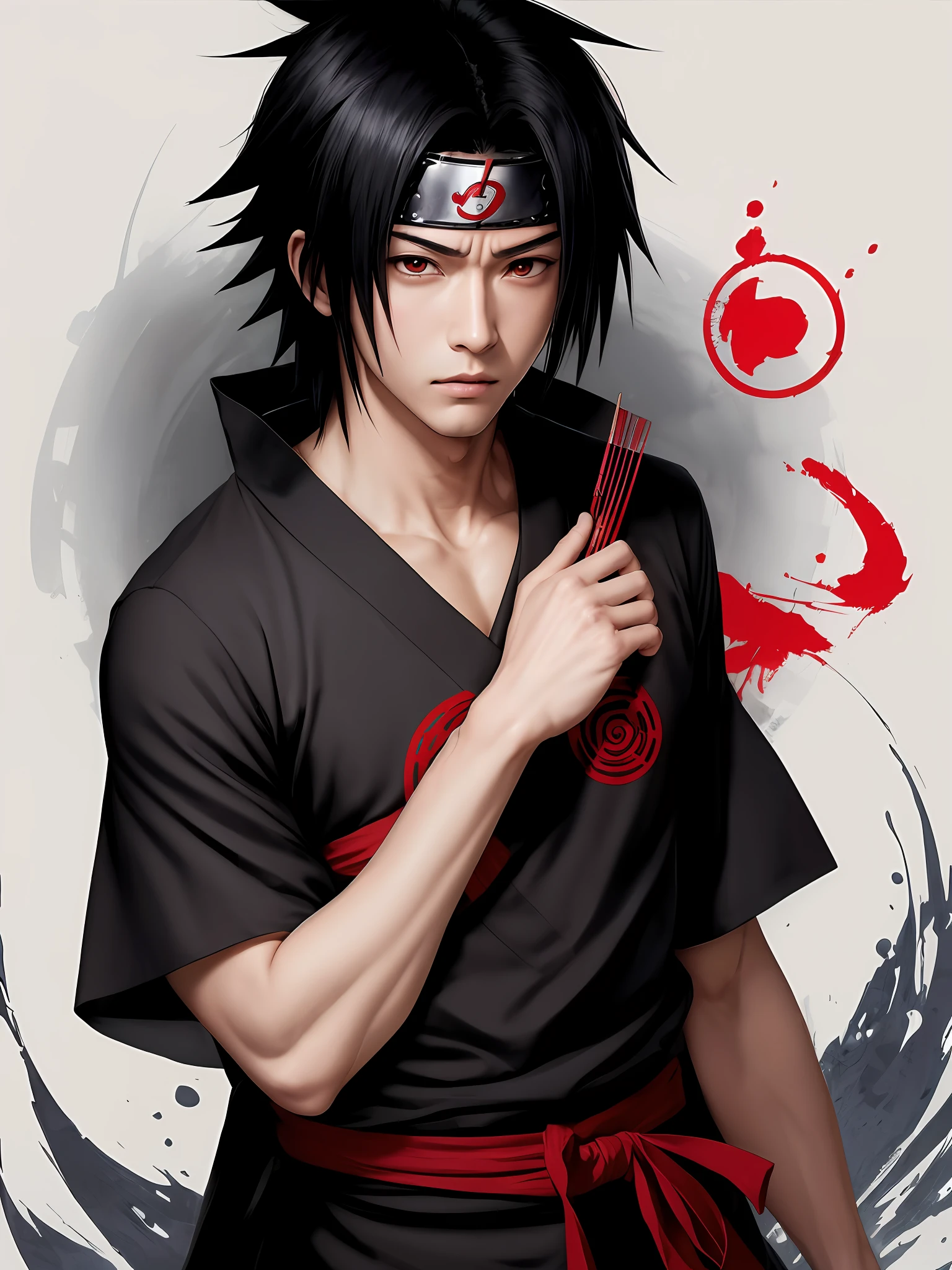 ''Uchiha Sasuke is one of the most handsome characters in the series, with a handsome face. He wears the traditional clothes of the Uchiha clan with the Konoha emblem on the sash and the clan emblem on the shirt. Focus on drawing close-up eyes drawing the legendary Sharingan limit bloodline eyes, eyes towards the viewer, detailed, meticulous, 8k quality. The scene of the leaf village in the Naruto manga by Kishimoto Masashi. Romantic style, style, super handsome appearance, cold personality, charming and sometimes no less "young buffalo", Uchiha Sasuke is the idol of many fans, especially women.''