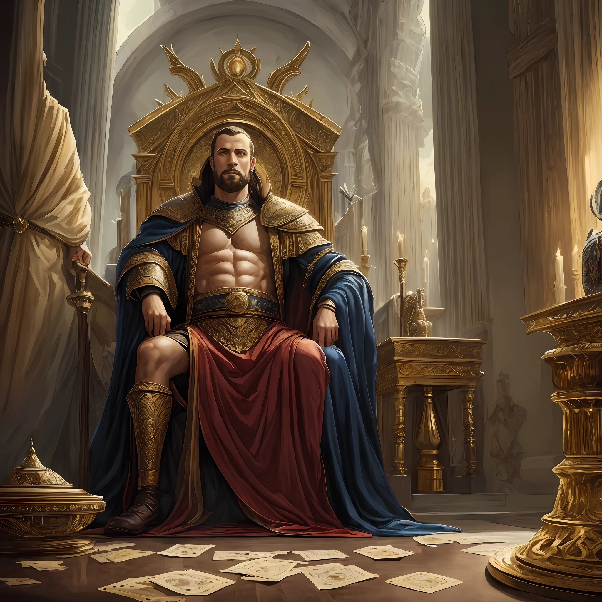 Pintura de um homem rei sentado em um trono doi homens a sua frente, full color illustration, bible illustration, por Juan O'Gorman, The Emperor's Tarot Card, por Robert Bain, emir, by senior artist, by Hristofor Žefarović, sentado em seu trono, cena palaciana --auto
