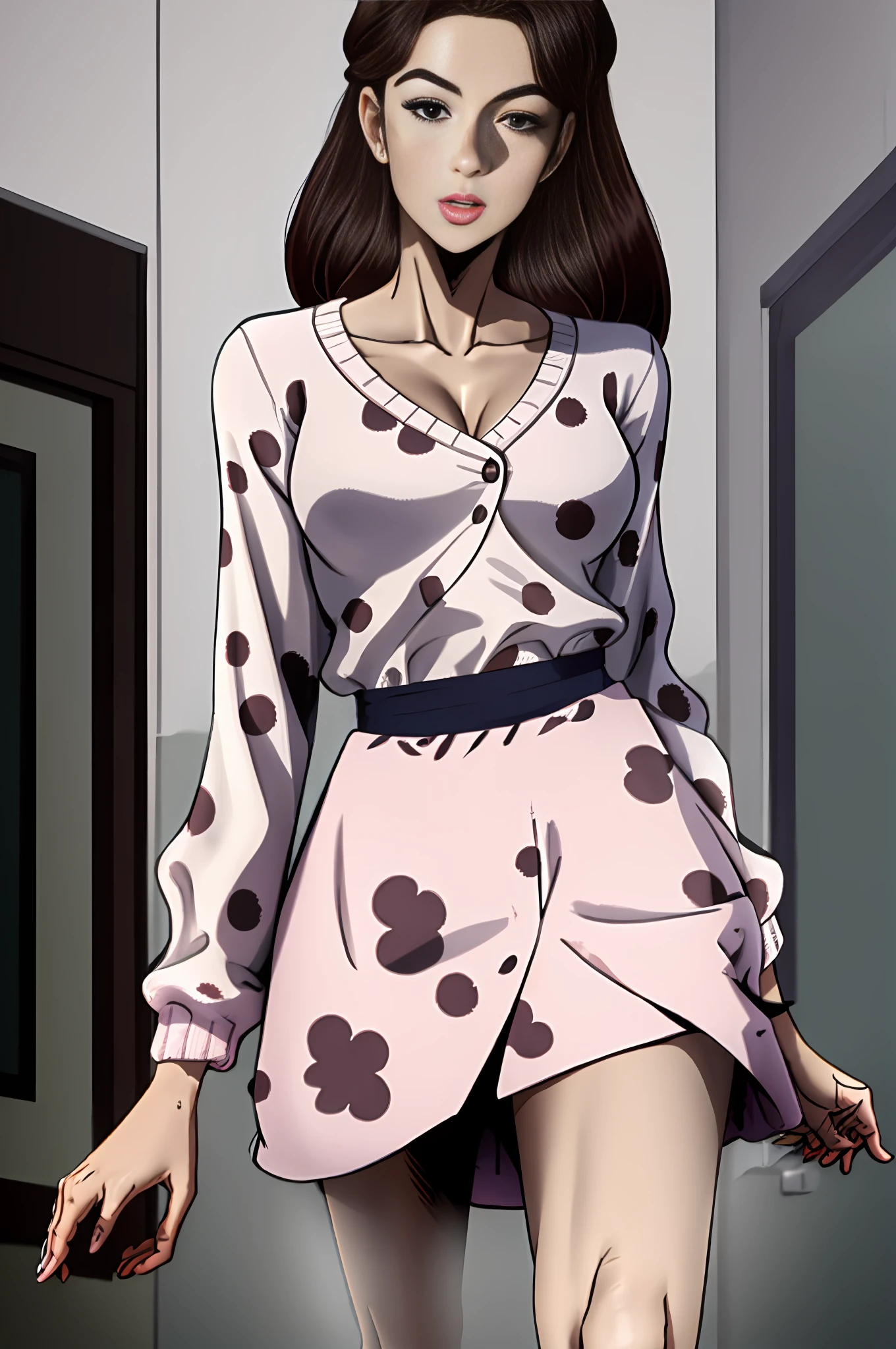 a woman of apparently medium height and slender build, com cabelos ruivos separados para a direita e amarrados em um rabo de cavalo baixo com franja, wearing a white sweater with a plunging neckline and a polka dot print skirt