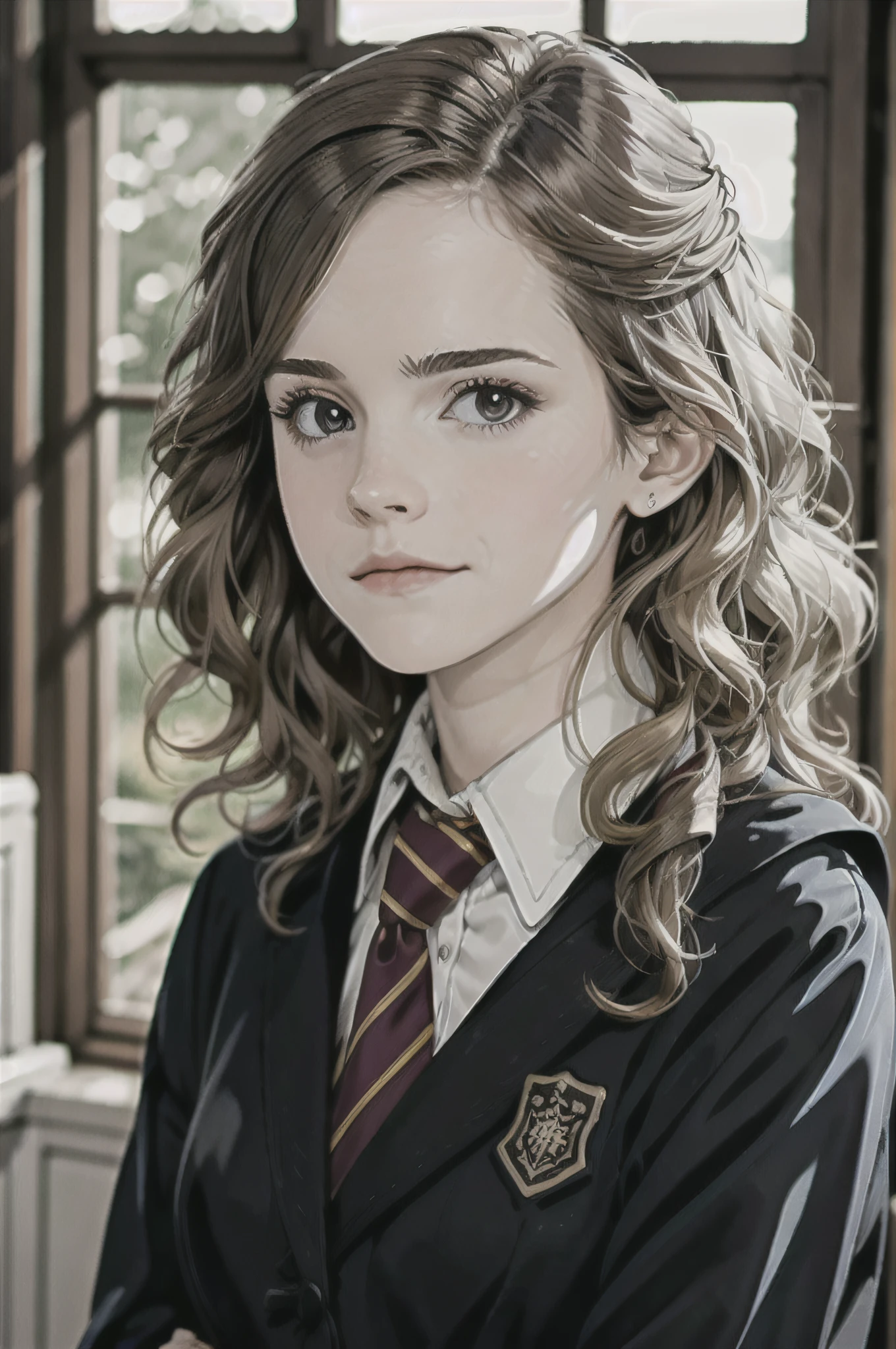 ((Soft light, Best quality, 8K, Masterpiece: 1.3)), Clear focus: 1.2,1女孩,Hermione as a student at Gryffindor House，Wearing the uniform of the Academy。This uniform usually includes a striped tie、Black coat、Gray shawl、White shirt and black skirt,mystical，depthoffield