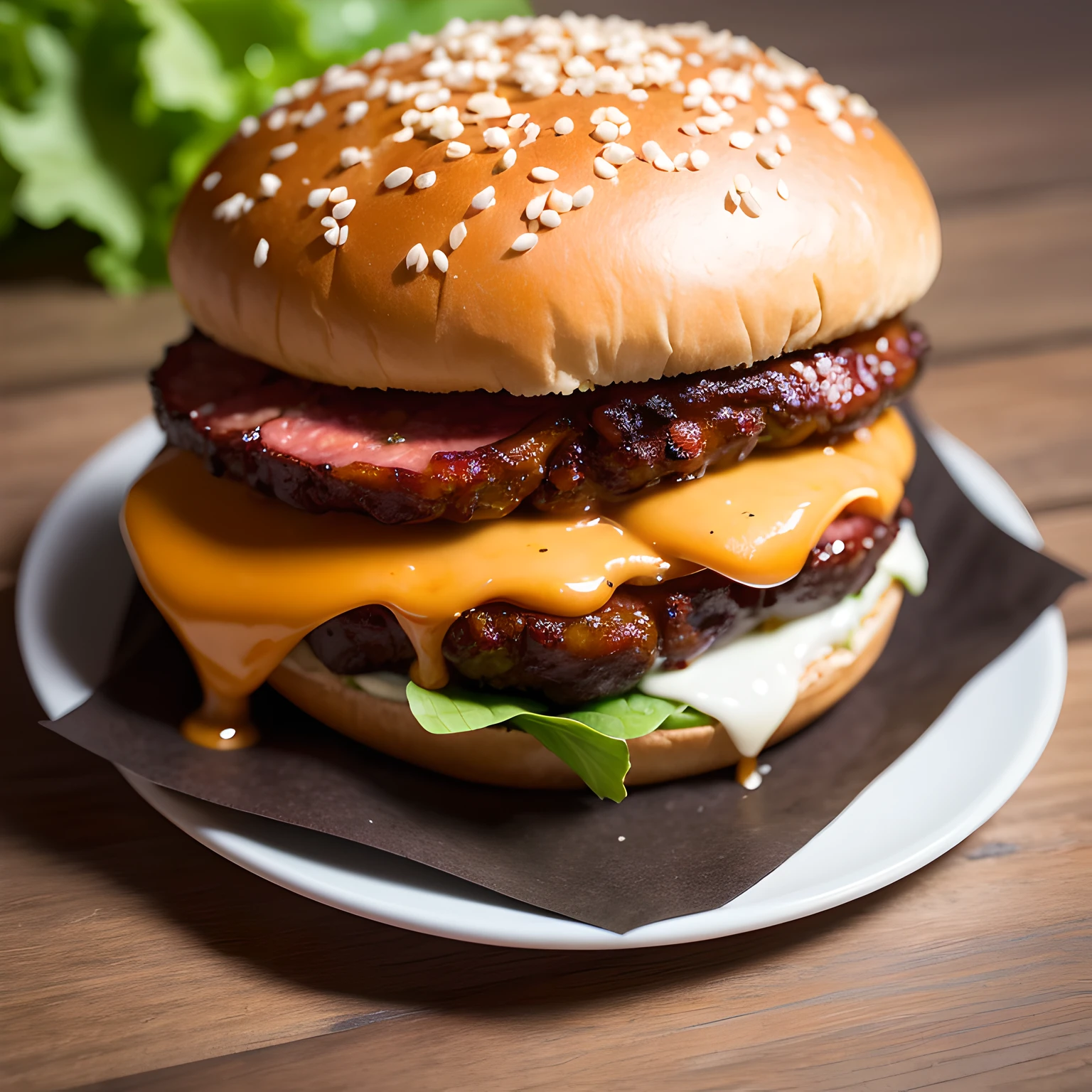 best quality, ultra high res, (photorealistic:1.4), ultra-detailed,incredibly detailed, foil package, big mac, fried meat, wet lettuce, melting cheese,