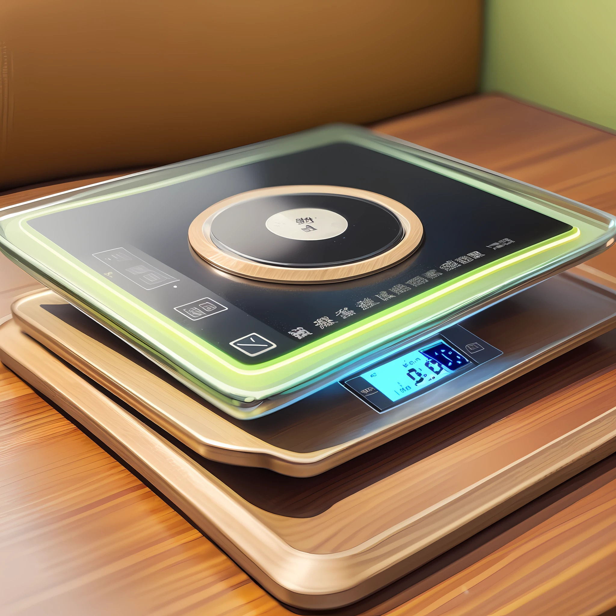 There is only one electronic scale on the table，A little decoration on the table，Give this electronic scale a close-up，Overall bright style。
