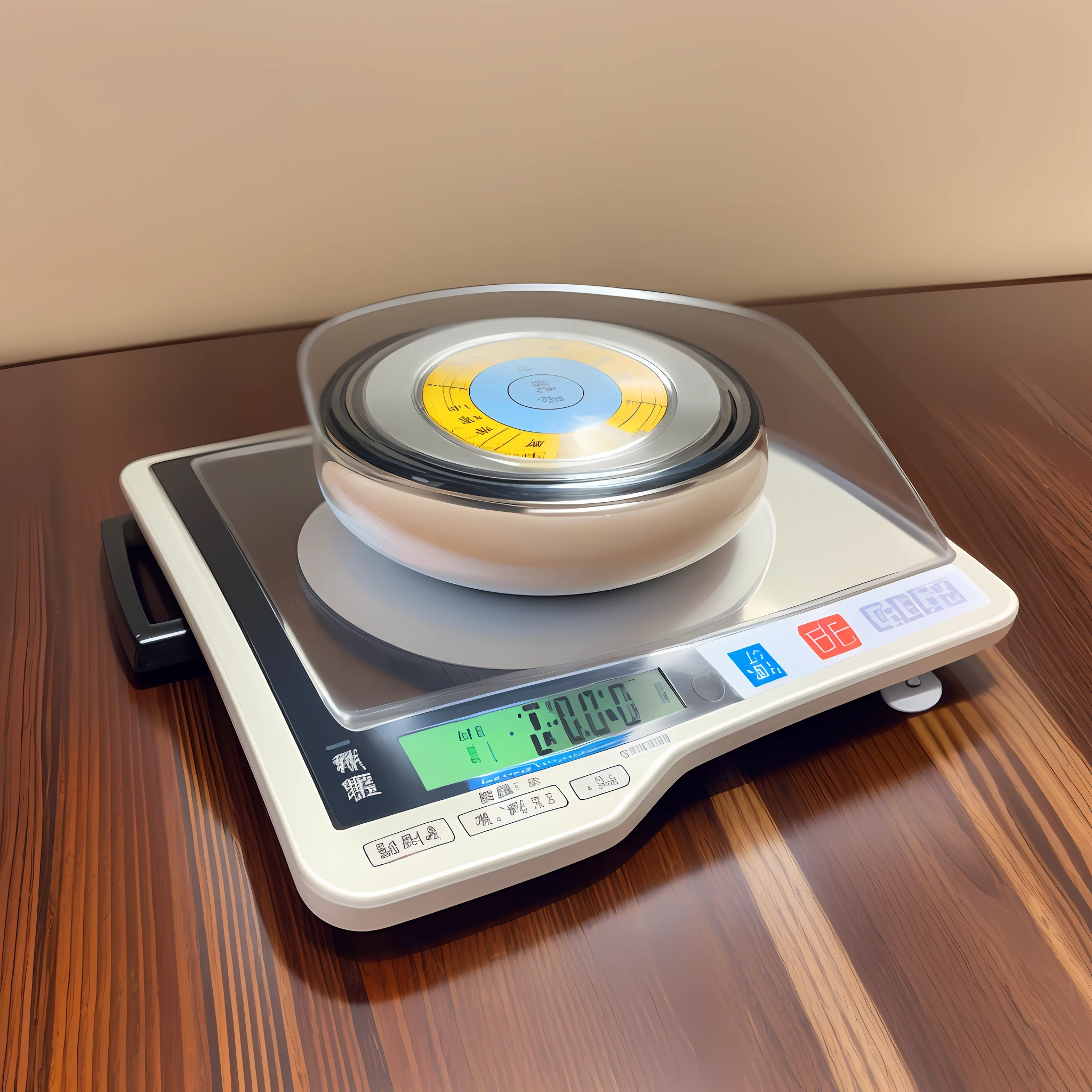 There is only one electronic scale on the table,A little decoration on the table,Give this electronic scale a close-up,Overall bright style。