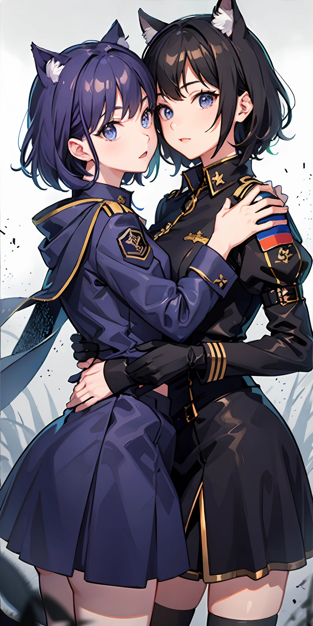 2 girls、 {{Master peace}}, short wavy hair, navy hair, black cat ear, Blue eyes、military outfit、embracing each other、{{Master peace}}, {{{maximum quality}}}, {{ultra- detailed}}, {{illustration}}, short hair,Purple eyes,Black hair、military outfit、embracing each other、Battlefield Background、