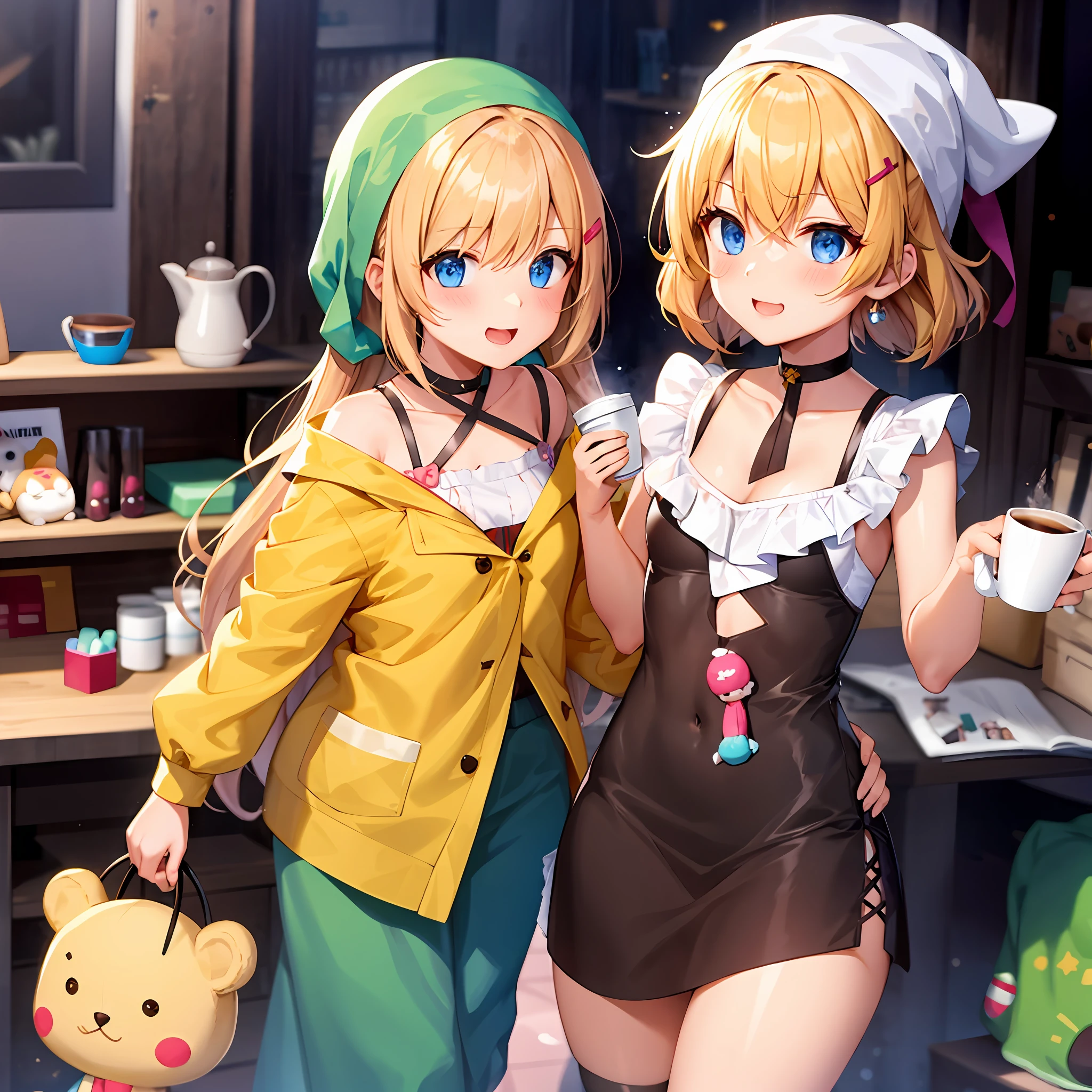 Lovely coffee cups,There was a little girl wearing a headscarf,Little girl with blonde hair wearing hairpin,very cute,There are always plush toys and a lot of cute things next to it