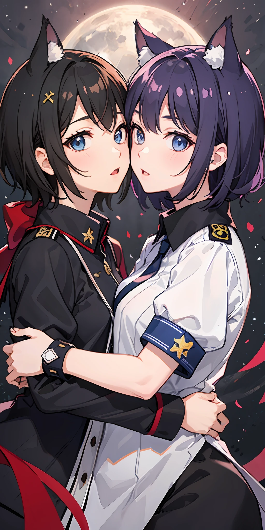 2 girls、 {{Master peace}}, short wavy hair, navy hair, black cat ear, Blue eyes、military outfit、embracing each other、{{Master peace}}, {{{maximum quality}}}, {{ultra- detailed}}, {{illustration}}, short hair,Purple eyes,Black hair、military outfit、embracing each other、Battlefield Background、