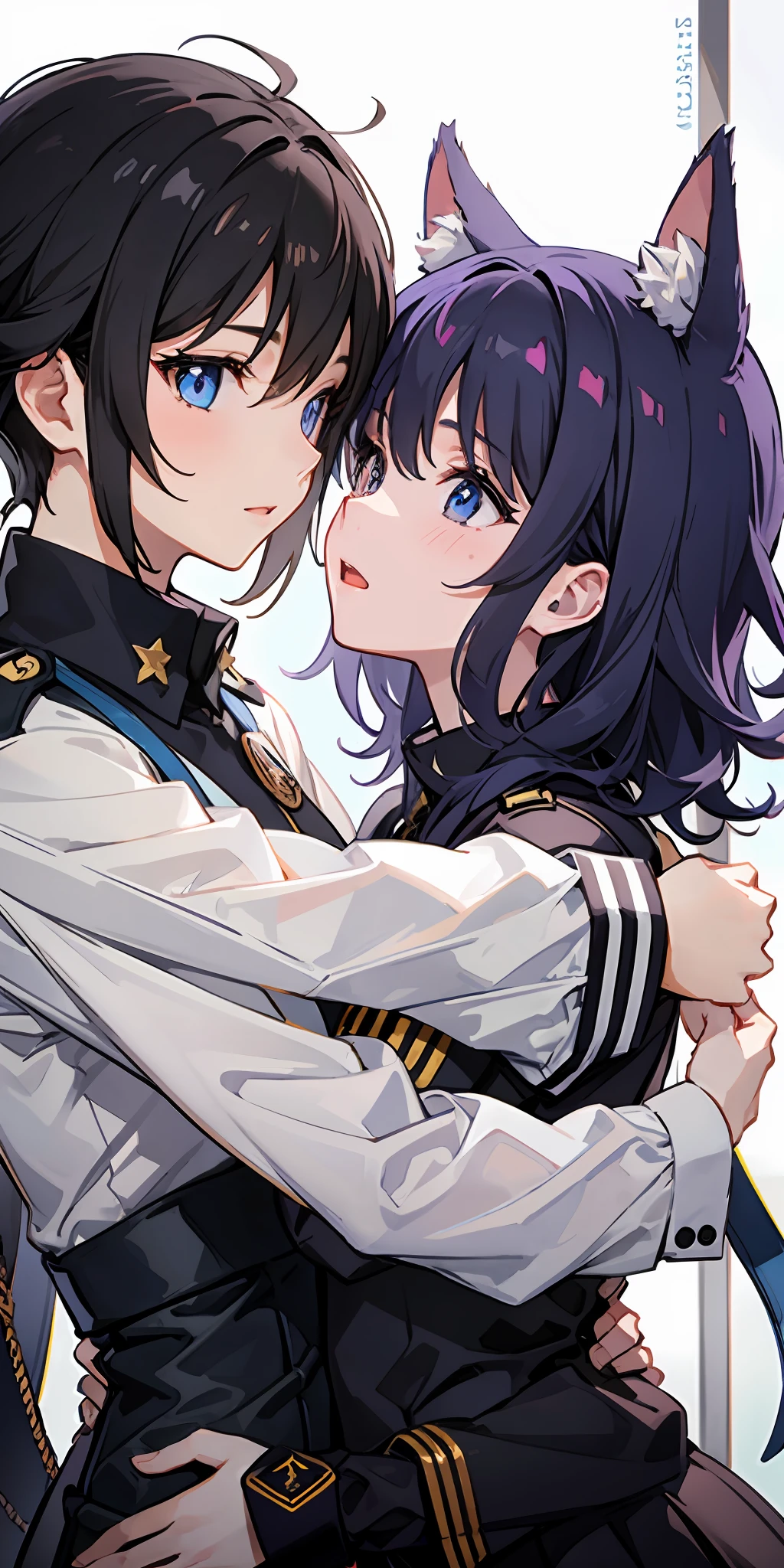 2 girls、 {{Master peace}}, short wavy hair, navy hair, black cat ear, Blue eyes、military outfit、embracing each other、{{Master peace}}, {{{maximum quality}}}, {{ultra- detailed}}, {{illustration}}, short hair,Purple eyes,Black hair、military outfit、embracing each other、Battlefield Background、