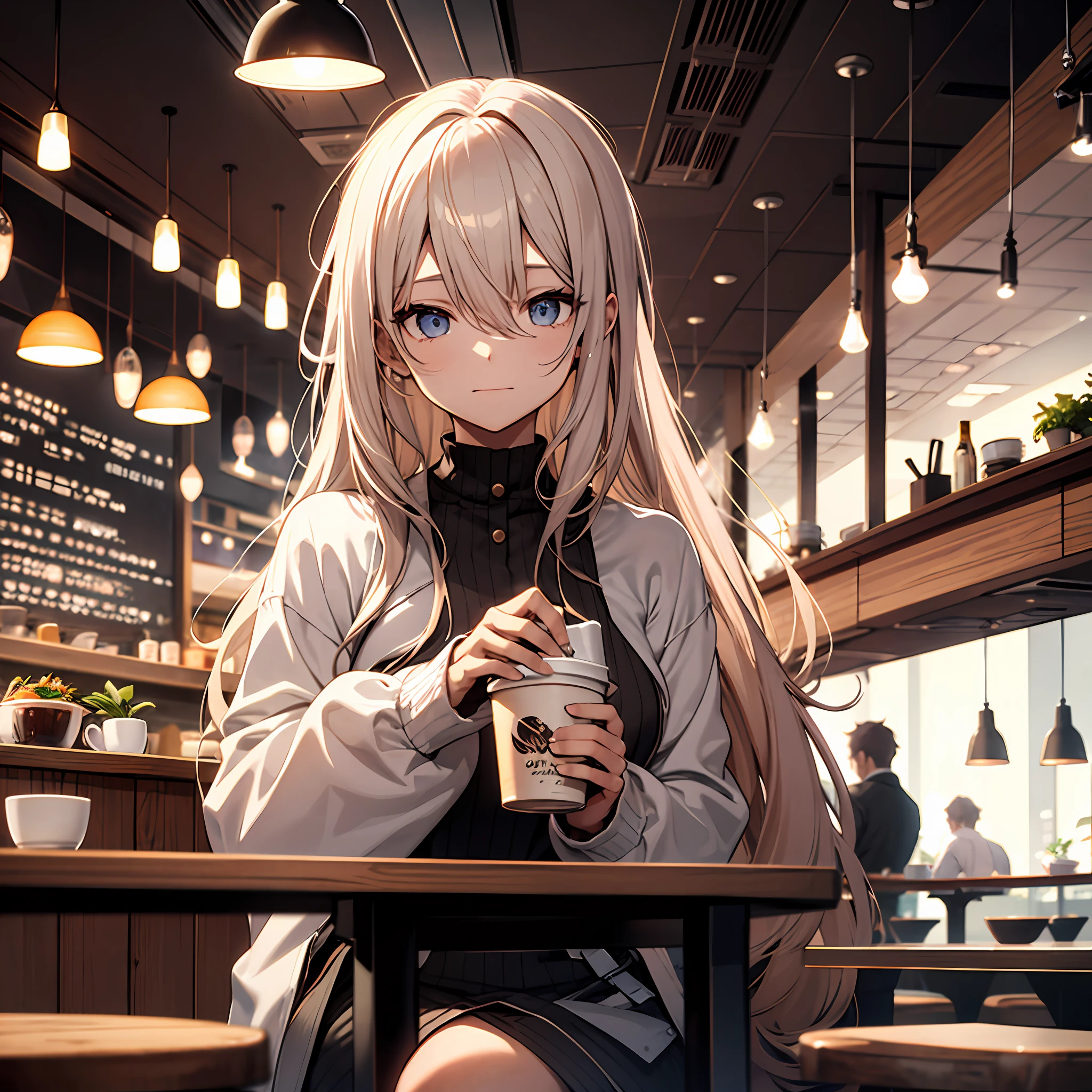 an girl, sitting in a restaurant, holding a coffee in a restaurant, open eyes, light particles, strong wind