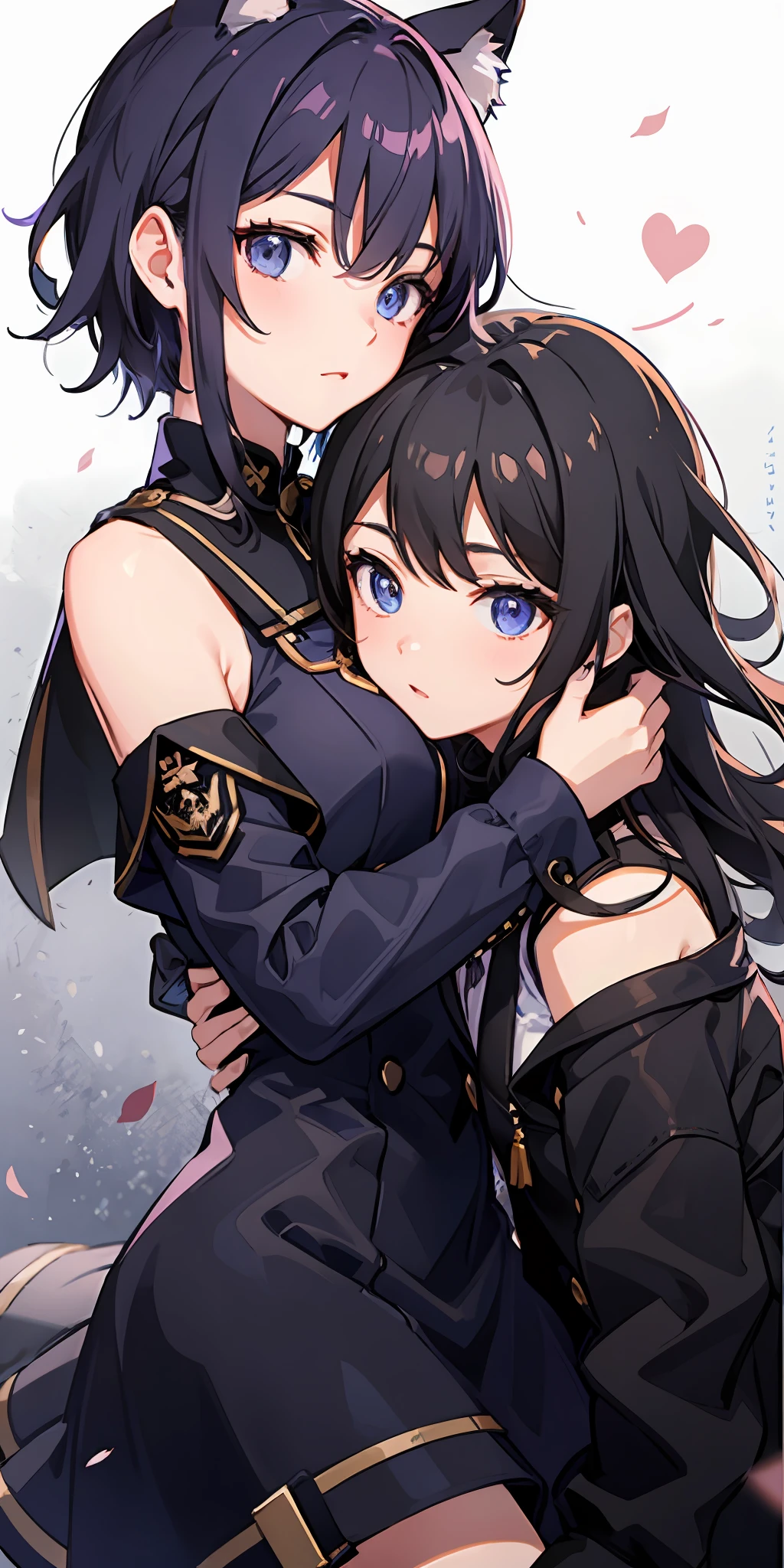 2 girls、 {{Master peace}}, short wavy hair, navy hair, black cat ear, Blue eyes、military outfit、embracing each other、{{Master peace}}, {{{maximum quality}}}, {{ultra- detailed}}, {{illustration}}, short hair,Purple eyes,Black hair、military outfit、embracing each other、Battlefield Background、