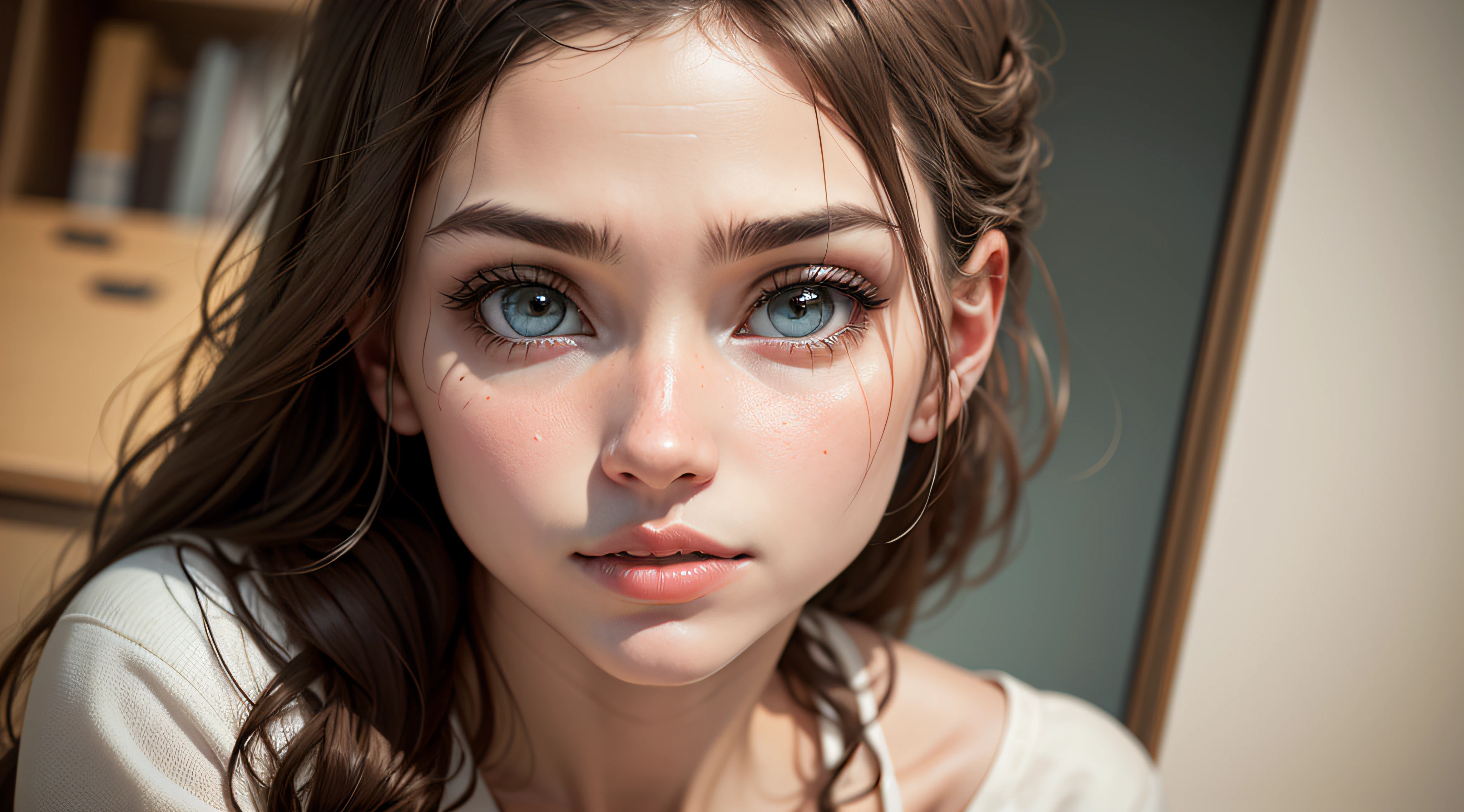 Crie uma imagem de uma pessoa em seu ambiente de trabalho, maybe in an office or art studio. Detail facial features, como olhos, boca e nariz, to convey a sense of realism. --auto