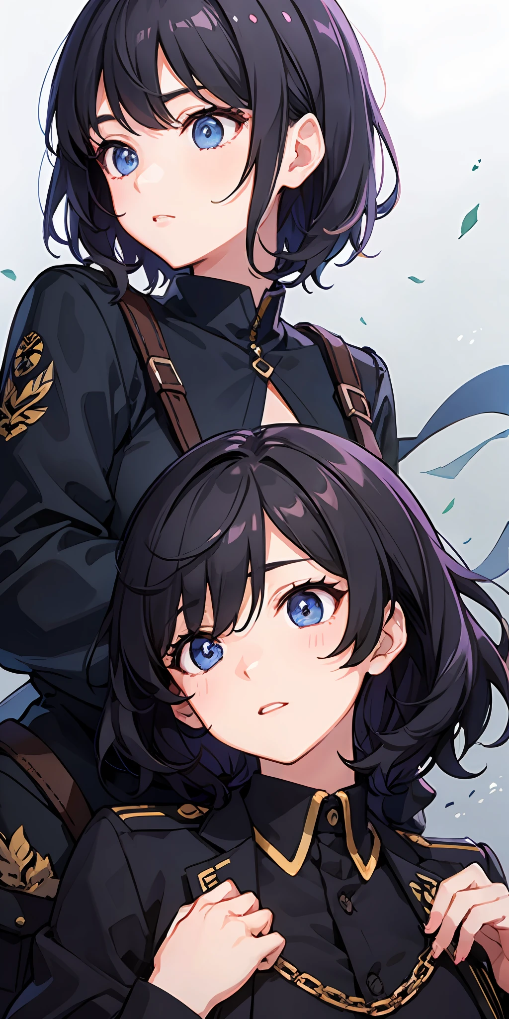 2 girls、 {{Master peace}}, short wavy hair, navy hair, black cat ear, Blue eyes、military outfit、embracing each other、{{Master peace}}, {{{maximum quality}}}, {{ultra- detailed}}, {{illustration}}, short hair,Purple eyes,Black hair、military outfit、embracing each other、Battlefield Background、