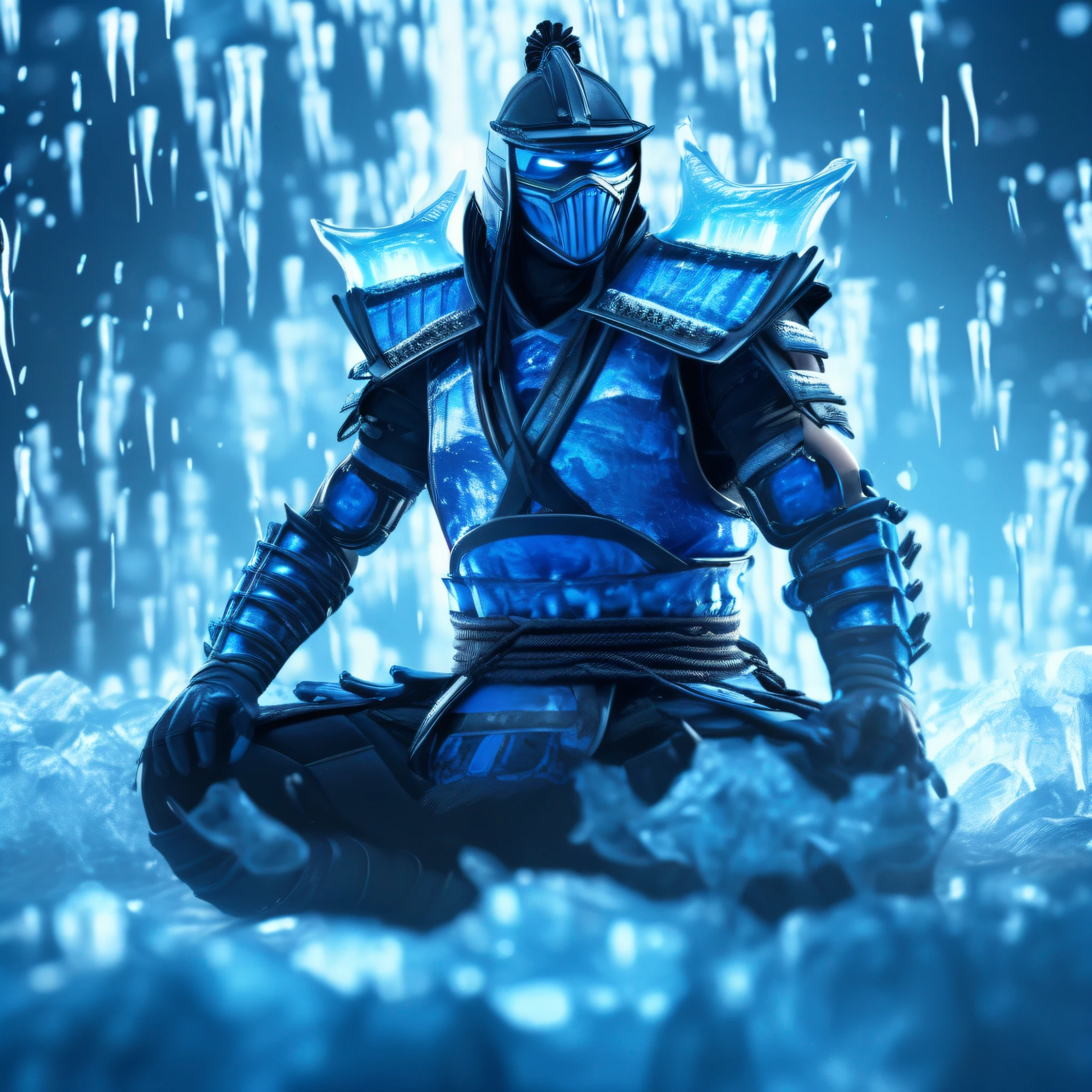 Sub Zero samurai style, man, mortal kombat, samurai armor, ice art, frozen environment, high detail, concept art, anime style, cinematic lighting, reflection light, diffraction spikes, Nikon, UHD, super detail, high quality, 1080P, 4K, 8k