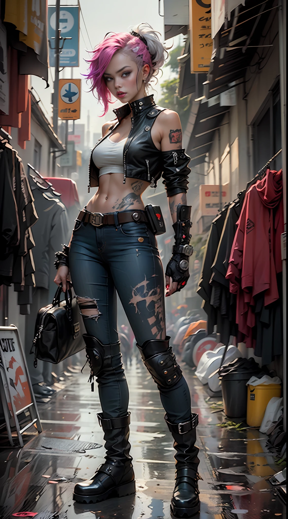 Beautiful woman, vigilante, dyed hair, sexy leather clothes, tactical boots, long breasts, cyberpunk style, realistic detailed, close, portrait, bad ass, punk, rebel, Jakarta city