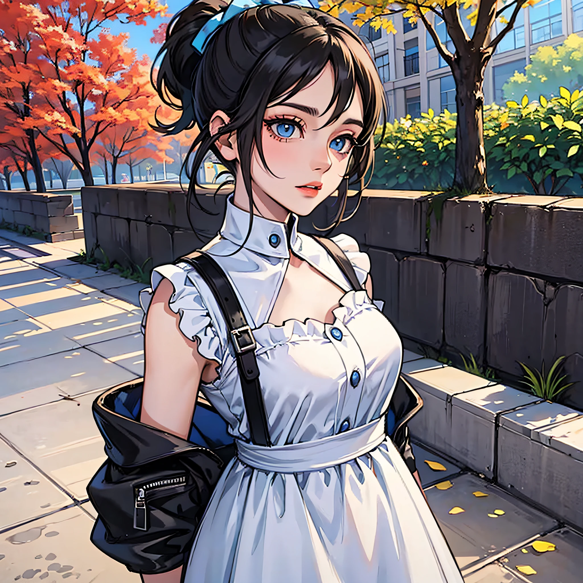 A girl with a black ponytail，wearing white dress，Blue eyes，On campus