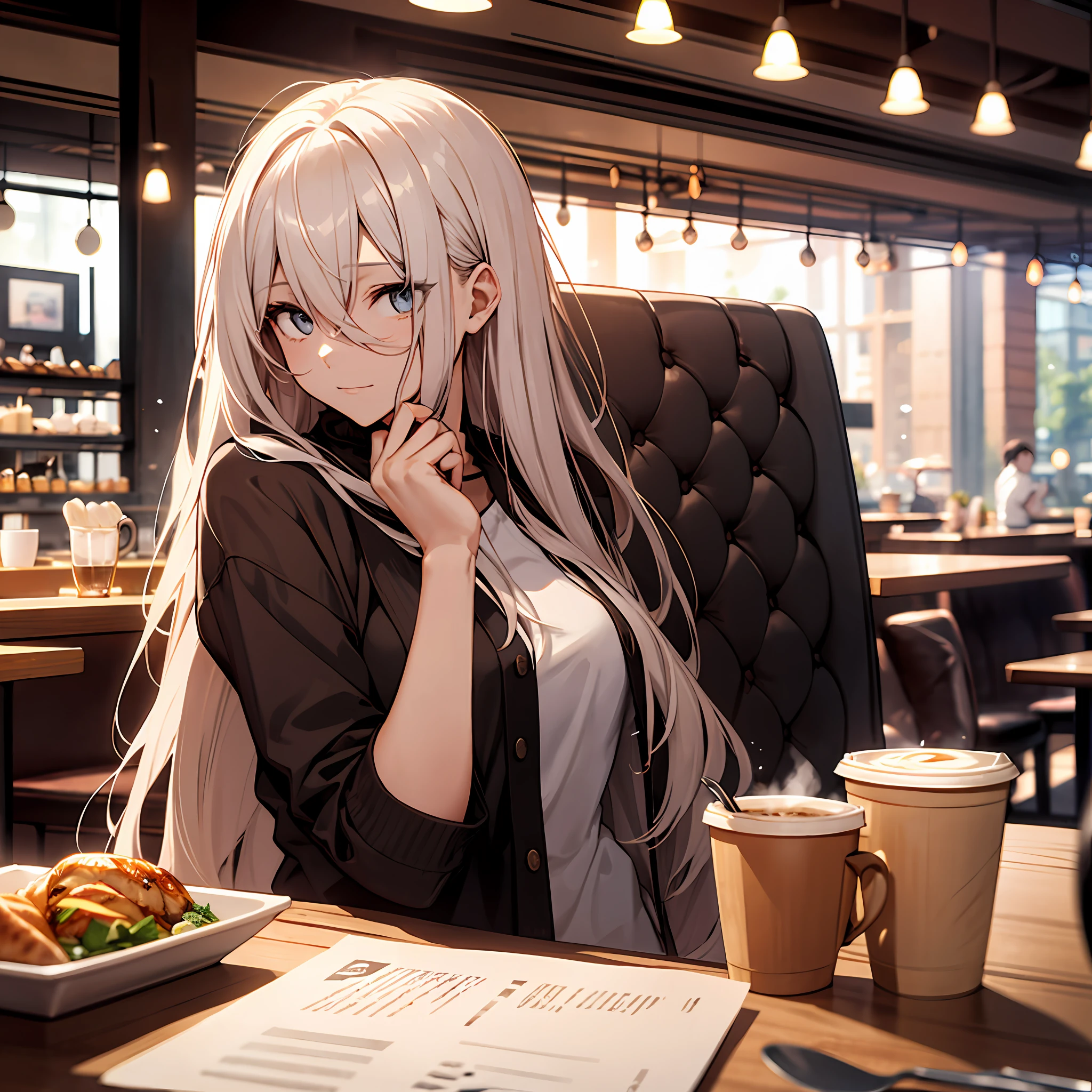 an girl, sitting in a restaurant, holding a coffee in a restaurant, open eyes, light particles, strong wind
