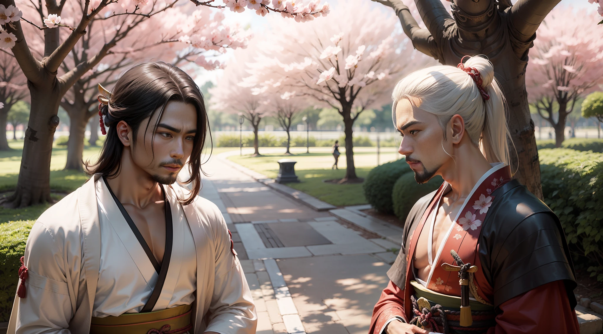 duas homens conversando em um jardim tranquilo, in the shade of a cherry blossom, roupas estilo samurai oriental