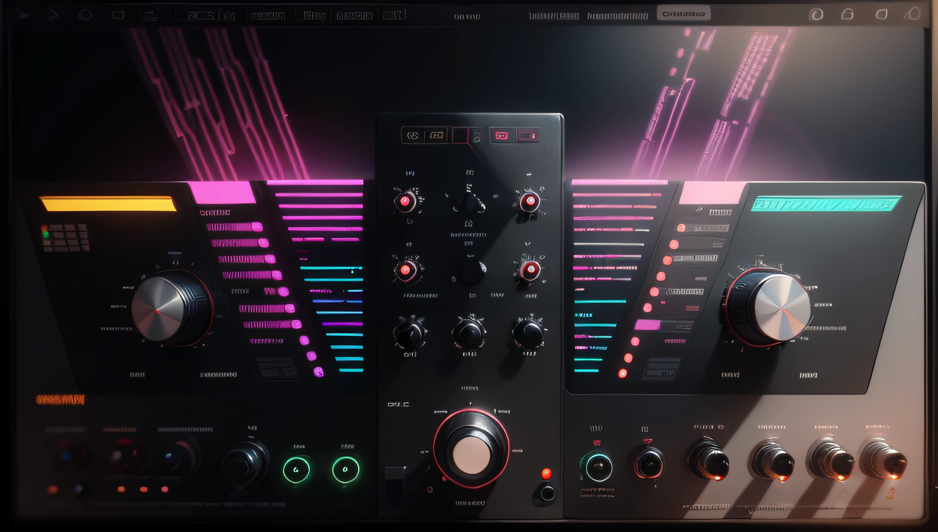 front view, front shot, front image, centralized vintage synth , wood neon octane reender, front view, plane screen, vintage, vintage colors, vintage black , vintage wood , commputer, cyber synth, a software with modern buttons buttons , buttons::3.3, modern design software, glassmorphism user interface, UI, UX, lines, buttons, knobs, parametheres, glassmorphism screen of an audio software,  The software converts audio into data. audio signals. waveform signals. Audio being converted into data, this data is used to train a machine learning model::2.5 electronic circuit::2.5 --v 4 pink purple, waveform, sound waves, machine analyzing audio waves pink purple neon blue::3.3 --v 5 sythwave engine ttech hardware software ui ux glassmorphism:: 1.1 --auto