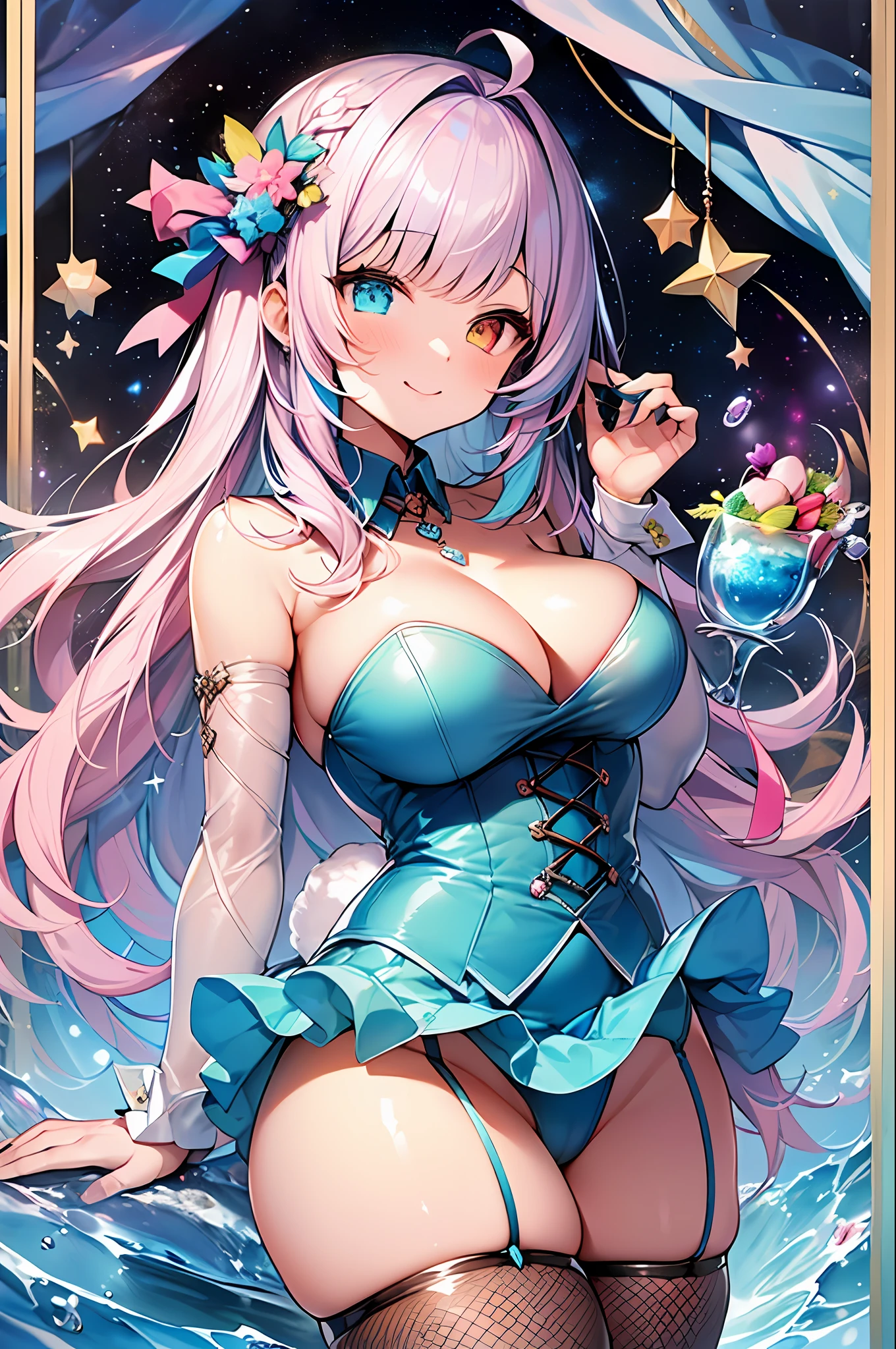 (Masterpiece, the highest quality, best qualit, Watercolor Art (Pendant), official art, beautiful and aesthetic, (1.3), (1 girl: 1.3), (fractal art: 1.3), Full Body, Star-shaped Pupil, , Pattern, ((iridescent hair, multicolored hair, half blue and half pink hair: 1.2)), Aqua, Liquid, Cloud, COLORFUL, Starry Night, Star, smile, Writing, Heterochromia, (COLORFUL: 1.5), galaxy, looking up at the stars, ((dressed as a bunny girl)), fishnet stockings, theme from Alice in Wonderland, magic, Curvy Body, Curvy hips, Lush breasts,