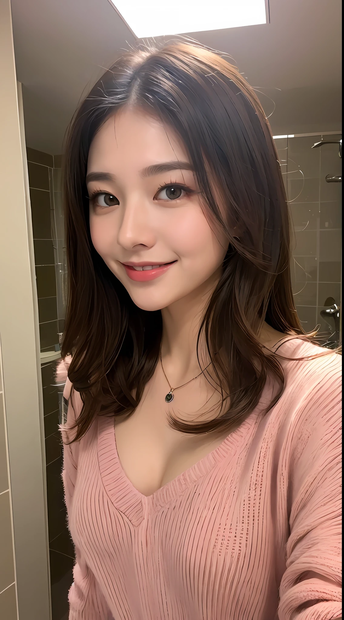 ((Night, Realistic Light, Best Quality, 8K, Masterpiece: 1.3)), 1girl, Slim Beauty: 1.4, Abs: 1.1, (Brown hair, Medium breasts: 1.3), Long pink sweater: 1.1, Bathroom, Super fine face, Delicate eyes, Double eyelids, smile, necklace