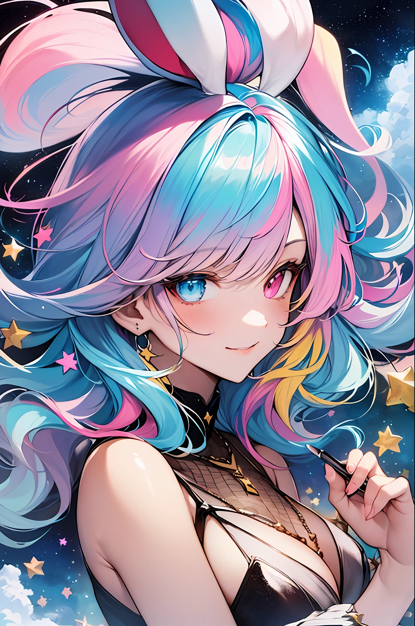 (Masterpiece, Extreme Quality, best qualit, Watercolor Art (Pendant), official art, beautiful and aesthetic, (1.3), (1 woman, : 1.3), (fractal art: 1.3), the whole body, Star-shaped Pupil, , Pattern, ((iridescent hair, multicolored hair, half blue and half pink hair: 1.2)), Aqua, Liquid, Cloud, COLORFUL, Starry Night, Star, smile, Writing, Heterochromia, (COLORFUL: 1.5), galaxy, looking up at the stars, ((dressed like a rabbit)), fishnet stockings