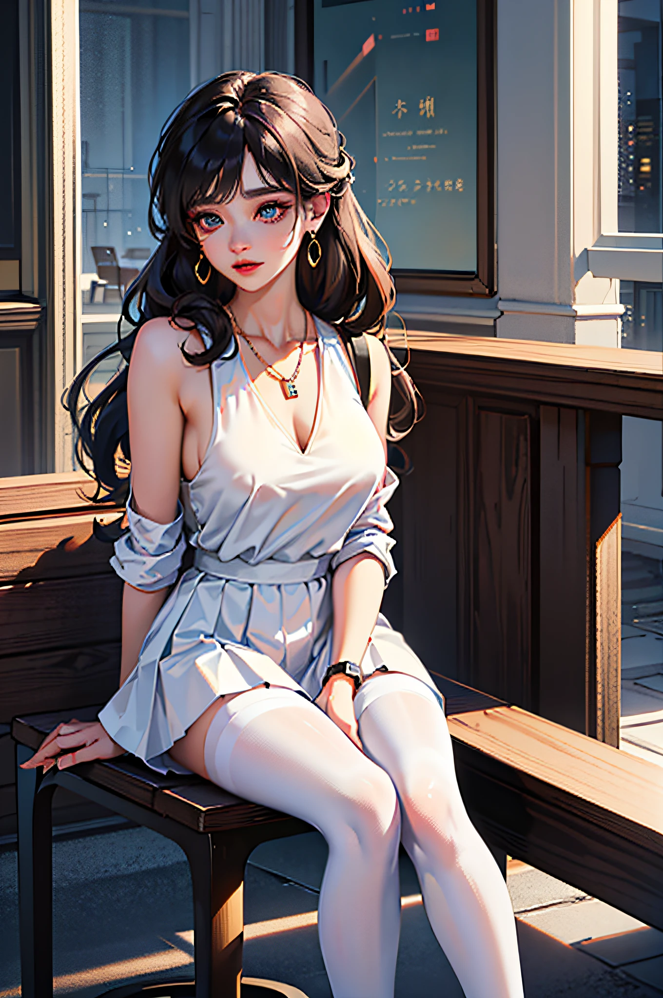 (bestbestquality,8K,A Masterpiece),(In the hotel,Capture,Sit,Sit on a stool,Look at the laptop),(A pretty maiden,with long black hair,Long messy hair,curly hair,huge eyes:1.3,Long eyelashes,Delicate makeup:1.4,Sexy lips,Blushlush),(Exquisite watches,Reflective necklace,Bulgari's earrings,Bulgari's ring),(Fashionable outfits,dressed in a white t shirt),(middle breasts,endure),(Black oily transparent pantyhose),(Black hip skirt),Light ripe,Royal sister,Optimal light,best shadow,Cinematic Lights,28 years old,1女孩,Need,(realskin,Supple skin)raytracing,Unreal Engine 5,Reflective skin,Digital illustration,Game CG characters,Supermodel,(kpop,idol),(Body edge lighting,Colored light sources are around),There is wind blowing hair,Looking into the distance,