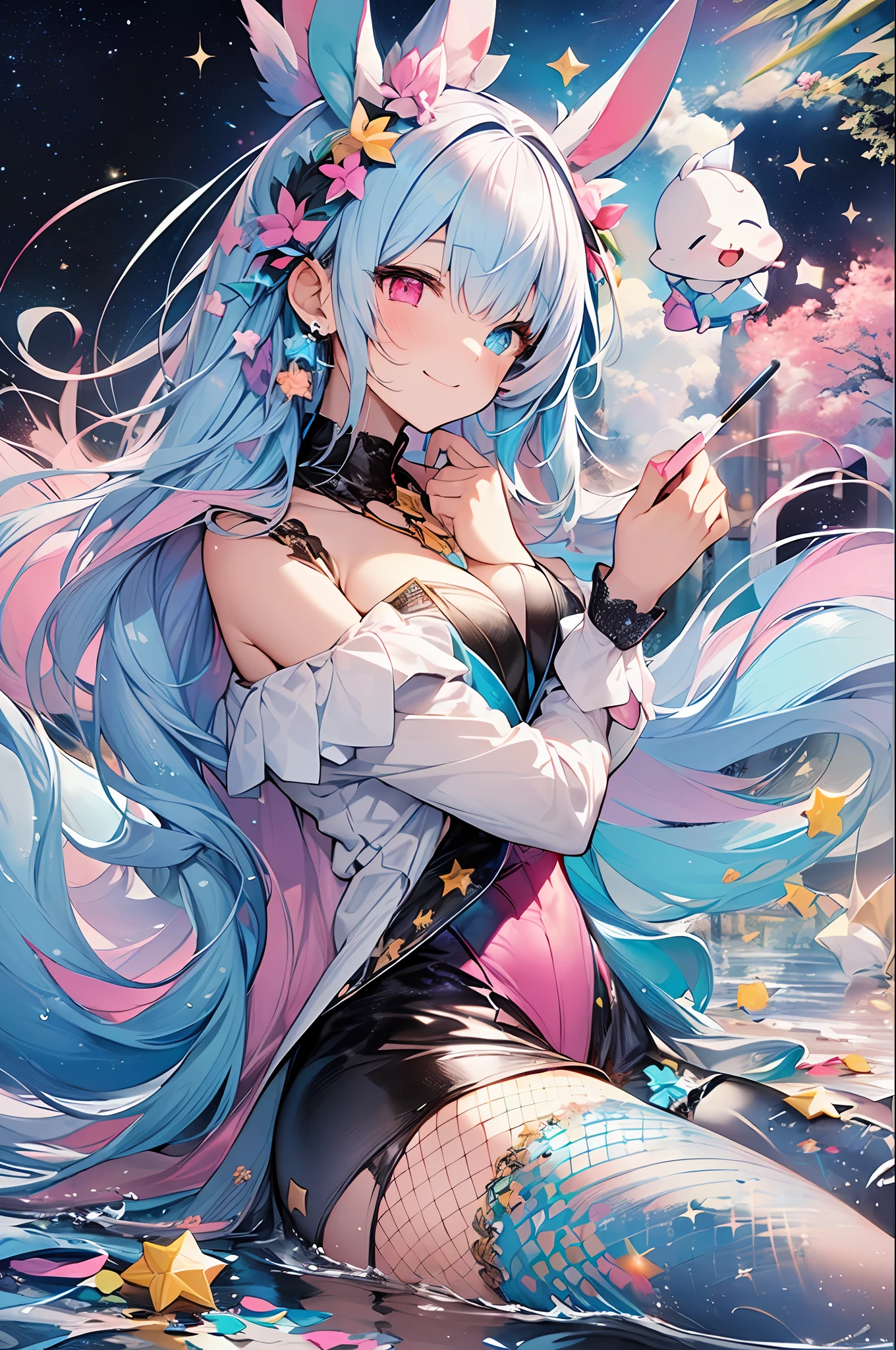 (Masterpiece, Extreme Quality, best qualit, Watercolor Art (Pendant), official art, beautiful and aesthetic, (1.3), (1 woman, : 1.3), (fractal art: 1.3), the whole body, Star-shaped Pupil, , Pattern, ((iridescent hair, multicolored hair, half blue and half pink hair: 1.2)), Aqua, Liquid, Cloud, COLORFUL, Starry Night, Star, smile, Writing, Heterochromia, (COLORFUL: 1.5), galaxy, looking up at the stars, ((dressed like a rabbit)), fishnet stockings