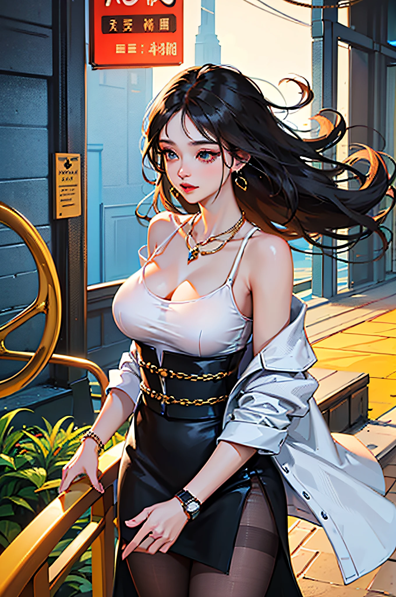 (bestbestquality,8K,A Masterpiece),(In the hotel,Capture,Sit,Sit on a stool,Look at the laptop),(A pretty maiden,with long black hair,Long messy hair,curly hair,huge eyes:1.3,Long eyelashes,Delicate makeup:1.4,Sexy lips,Blushlush),(Exquisite watches,Reflective necklace,Bulgari's earrings,Bulgari's ring),(Fashionable outfits,dressed in a white t shirt),(middle breasts,endure),(Black oily transparent pantyhose),(Black hip skirt),Light ripe,Royal sister,Optimal light,best shadow,Cinematic Lights,28 years old,1女孩,Need,(realskin,Supple skin)raytracing,Unreal Engine 5,Reflective skin,Digital illustration,Game CG characters,Supermodel,(kpop,idol),(Body edge lighting,Colored light sources are around),There is wind blowing hair,Looking into the distance,
